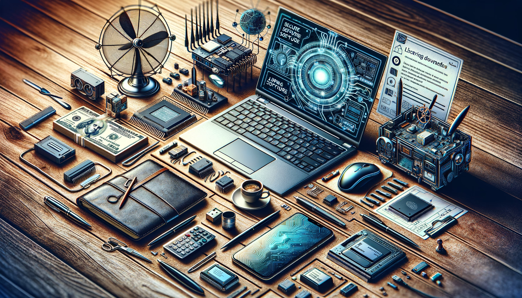 KDB Tech-Update 202502250605 Technik-Arbeitsfläche mit Laptop, Mikrochip-Komponenten, Peripherie, Smartphone, Router-Symbolik und Sicherheits-/Lizenzdokumenten zur Darstellung von IT-Updates.