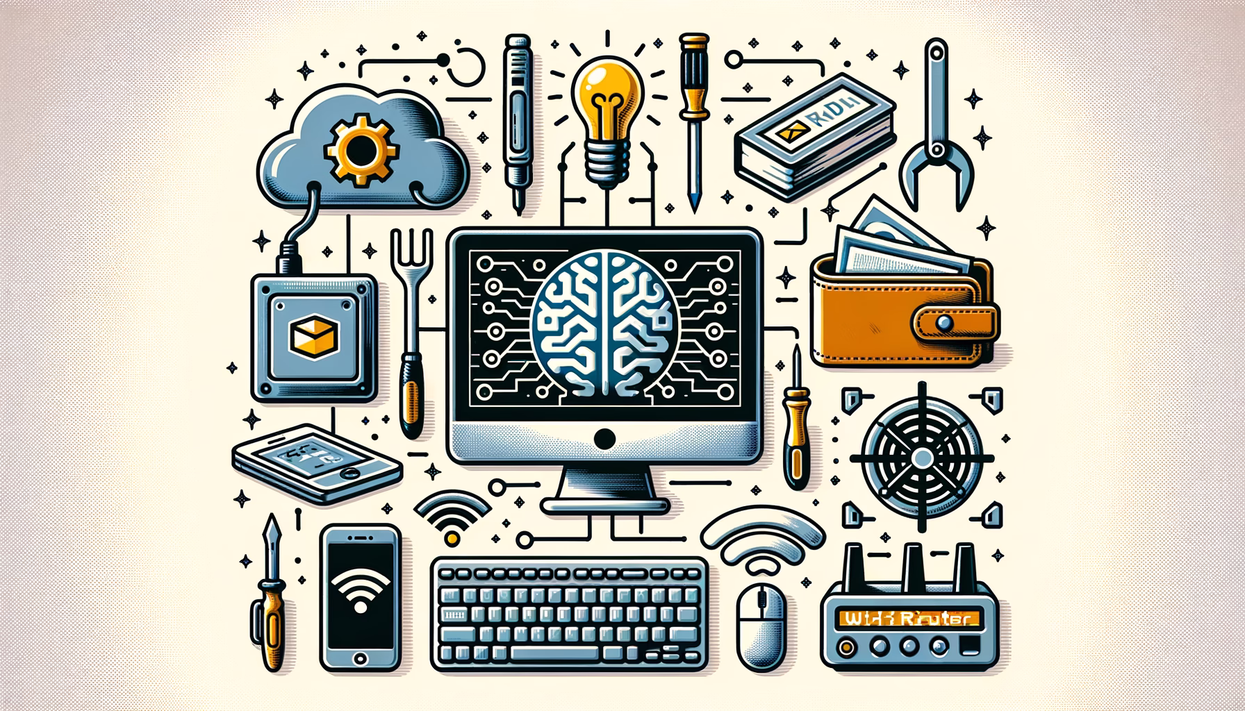 KDB Tech-Update 202502260605 Illustration eines Computers mit KI-Schaltkreis, umgeben von Router, WLAN, Datensymbolen, Schraubenschlüssel, Firewall und Wetterstation zur Technik-Update-Übersicht.