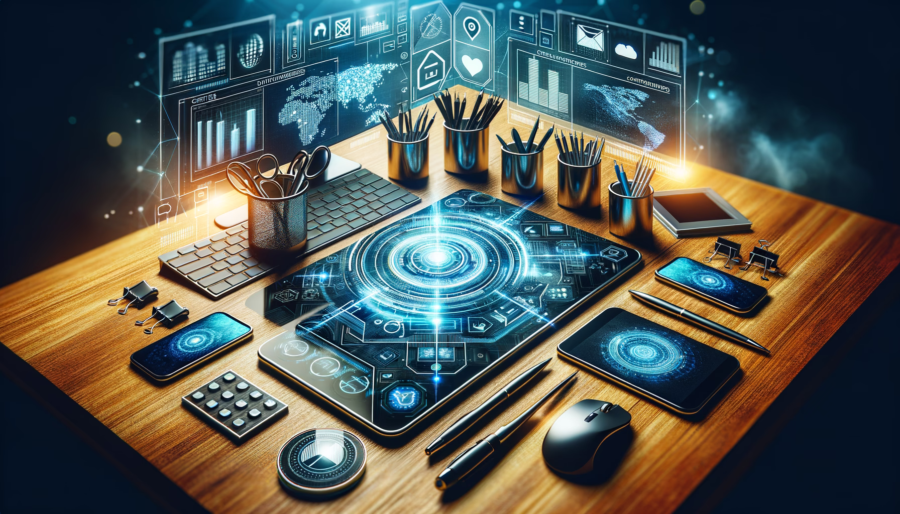 KDB Tech-Update 202502261603 Schreibtisch mit Computer, Smartphone und Peripherie; darüber digitale Icons und leuchtender Datenkreis als Symbol für Innovation und Partnerschaften.