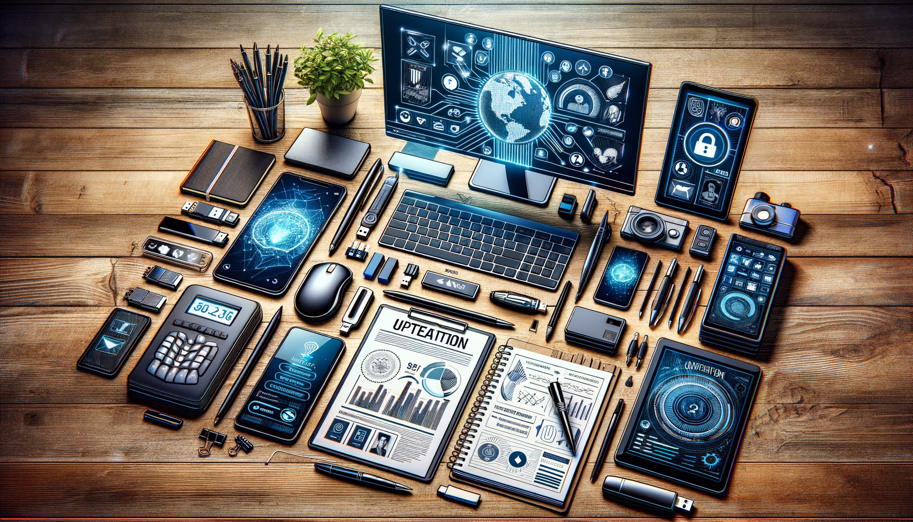 KDB Tech-Update 202502270604 Schreibtisch-Layout mit Laptop, Monitor, Smartphones, Tablet und USB-Sticks; mehrere Diagramme, Sicherheits- und Update-Hinweise verdeutlichen digitale Arbeit und Analyse.