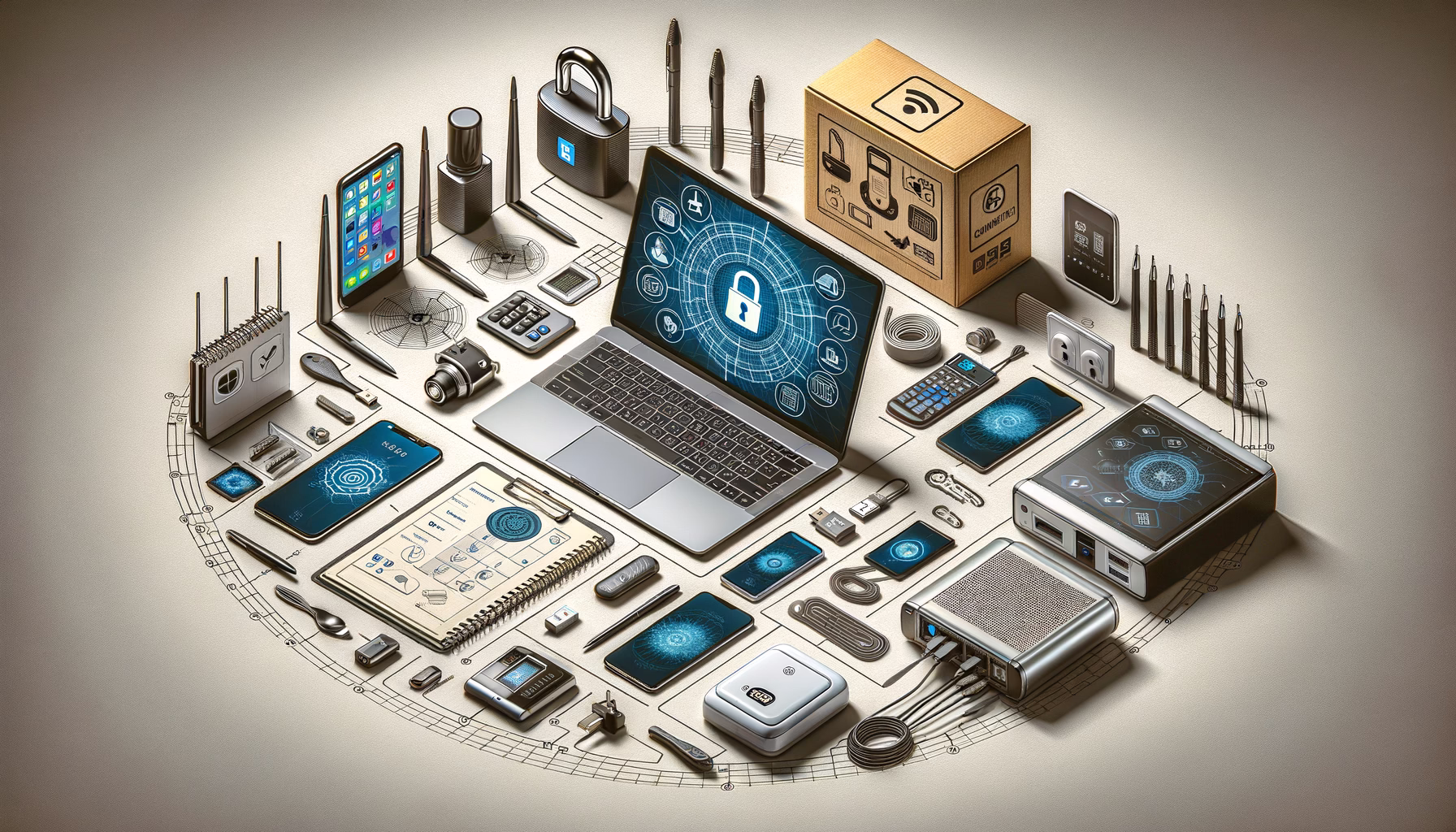 KDB Tech-Update 202502271603 Technischer Arbeitsplatz mit Laptop und Smartphone, verbundenen Datenträgern sowie Sicherheits- und Netzwerkhardware; dient der IT-Schutz- und Planungsvorbereitung.