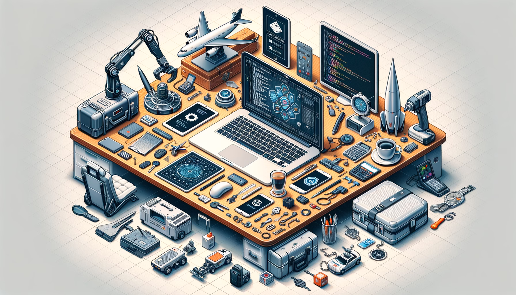 KDB Tech-Update 202502281601 Überladener, aber übersichtlich angeordneter Arbeitsplatz mit Laptops, Smartphone, Roboterarm, Flugzeugmodell, Dokumenten und Geräten für Updates sowie Sicherheit.