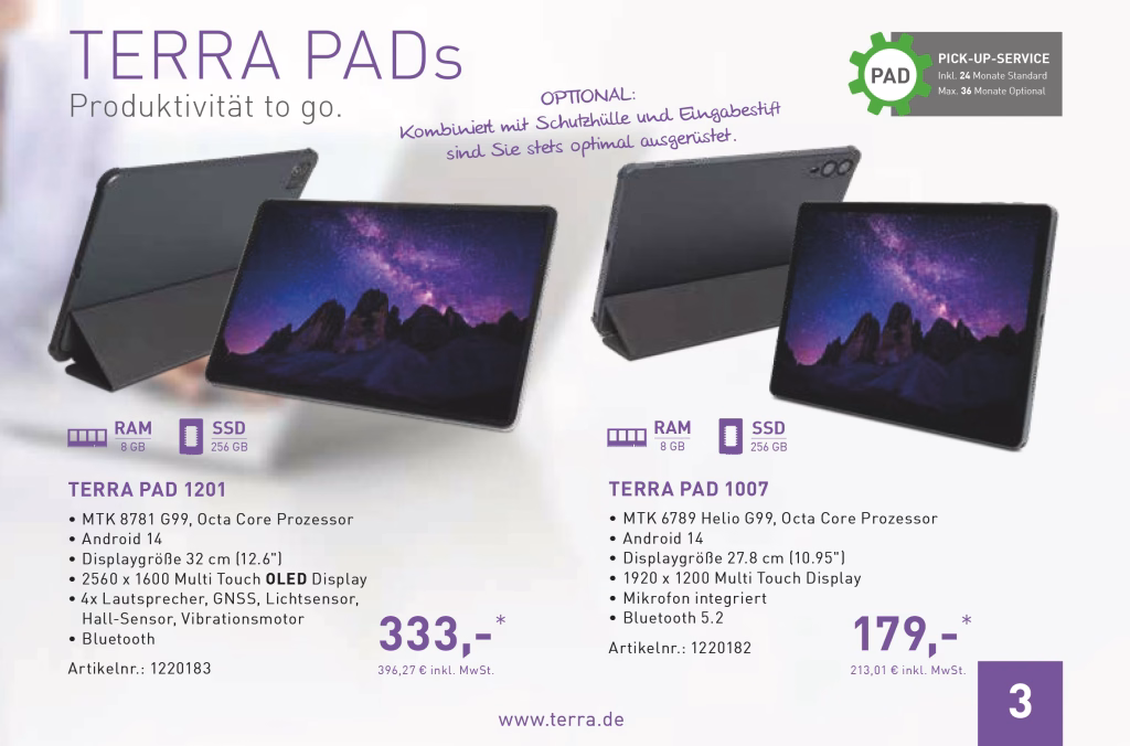 Terra Specials Business 25 3 Werbe-Flyer mit zwei Tablet-Ansichten; verdeutlicht optionalen Pick-up-Service sowie RAM/SSD- und Display-Spezifikationen für zwei Modelle.