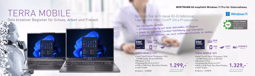 Terra Specials Business 25 4 Werbeflyer mit zwei Laptops, KI- und Windows-11-Hinweisen sowie technischen Datenblöcken und Preisen für Terra Mobile.