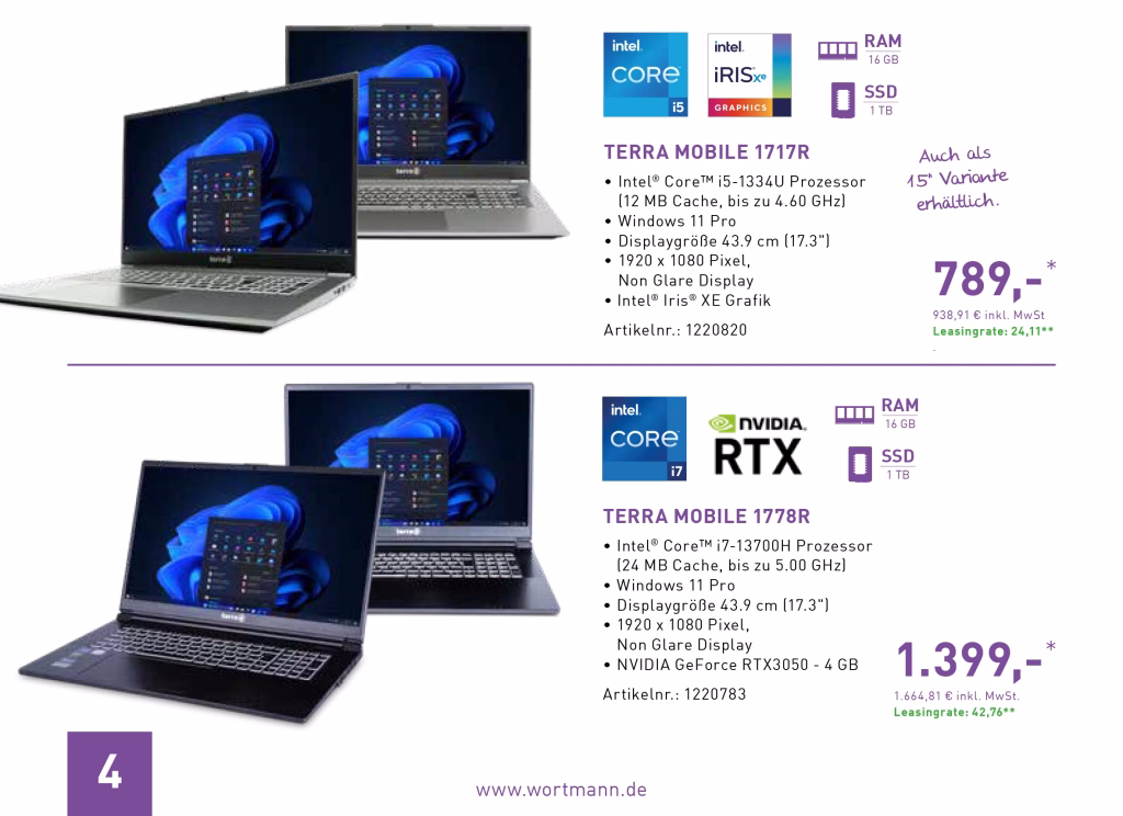 Terra Specials Business 25 5 Werbebroschüre mit zwei Laptops und technischen Symbolen/Angaben zu CPU, Grafik, RAM und SSD; Preisübersicht für zwei Varianten.