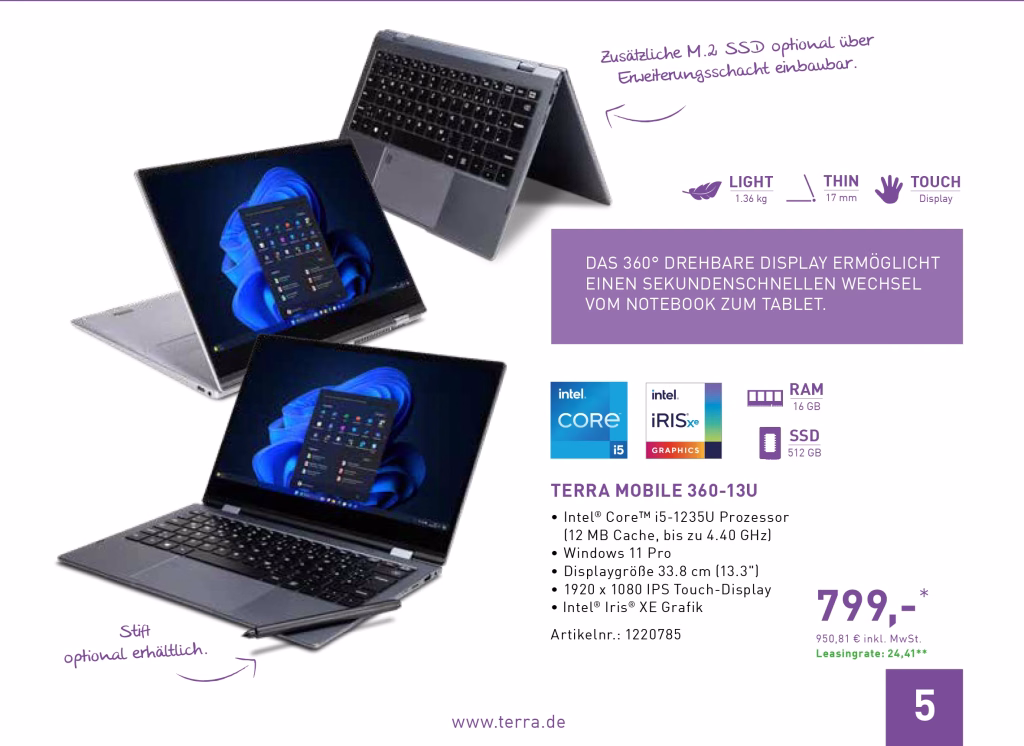 Terra Specials Business 25 6 Werbeflyer mit mehreren Laptops im Präsentationswinkel und Icons zu leichtem 17-mm-Touch-Display sowie 360°-Drehbarkeit.