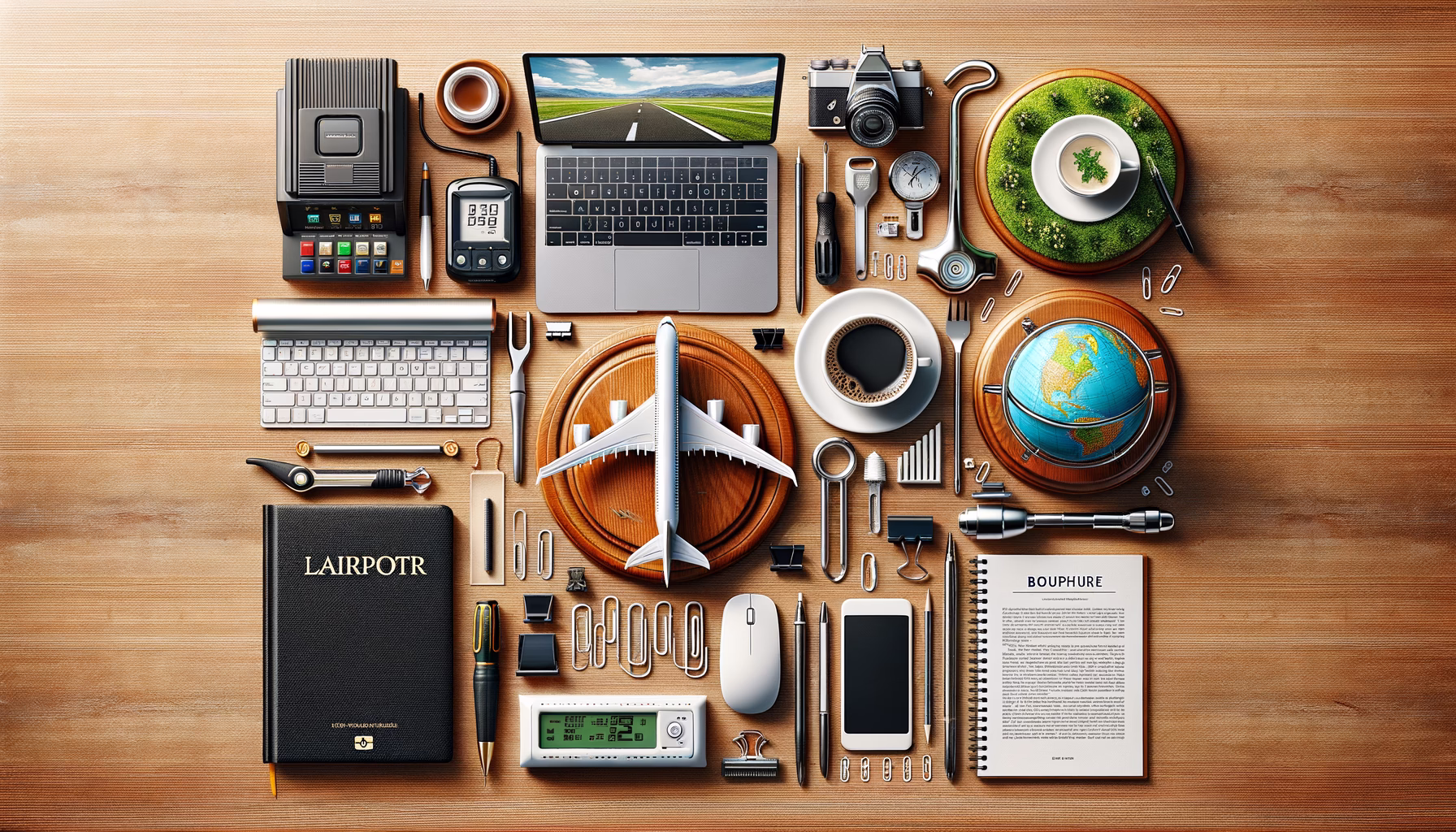 KDB Tech-Update 202503010601 Schreibtisch-Übersicht mit Laptop, Werkzeugen und Buch, zentralem Flugzeugmodell sowie Globus – Symbol für Technik, Vorbereitung und Reiseverbindung.