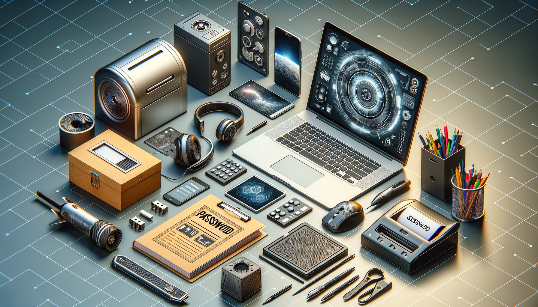 KDB Tech-Update 202503011603 Arbeitsplatz mit Laptop und Smartphone, passwortgeschütztem Dokument, Datenträgern, Headset und Peripherie; zeigt sichere IT-Organisation und Zugriffskontrolle.