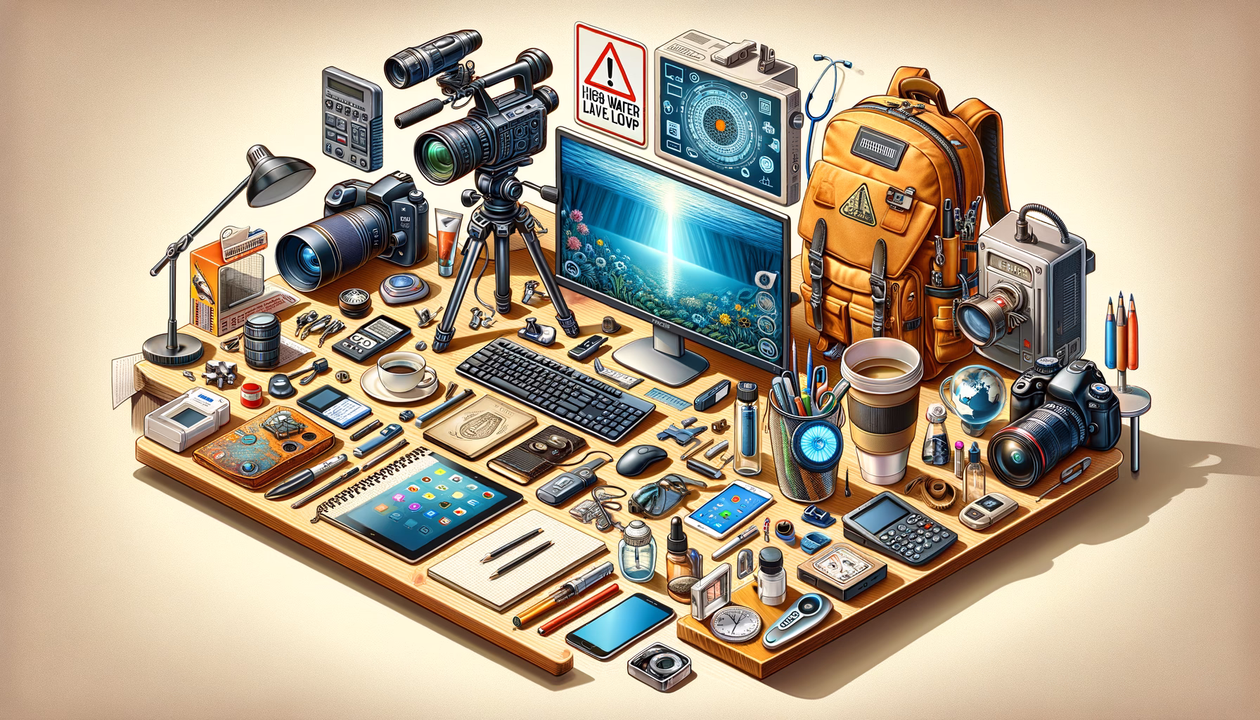 KDB Tech-Update 202503020603 Organisierter Schreibtisch mit Monitor, Laptop, Smartphone, Kamera, Warnschild „High Water Level“, Notfallrucksack und Werkzeugen für Arbeit, Kommunikation und Vorsorge.