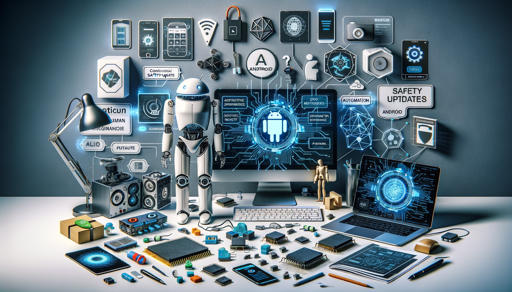 KDB Tech-Update 202503031602 Technologie-Desk mit Android-Symbolen, Sicherheits-Update-Hinweisen, Firewall- und Netzwerkgrafiken sowie Programmierbauteilen und Roboter-Statue.