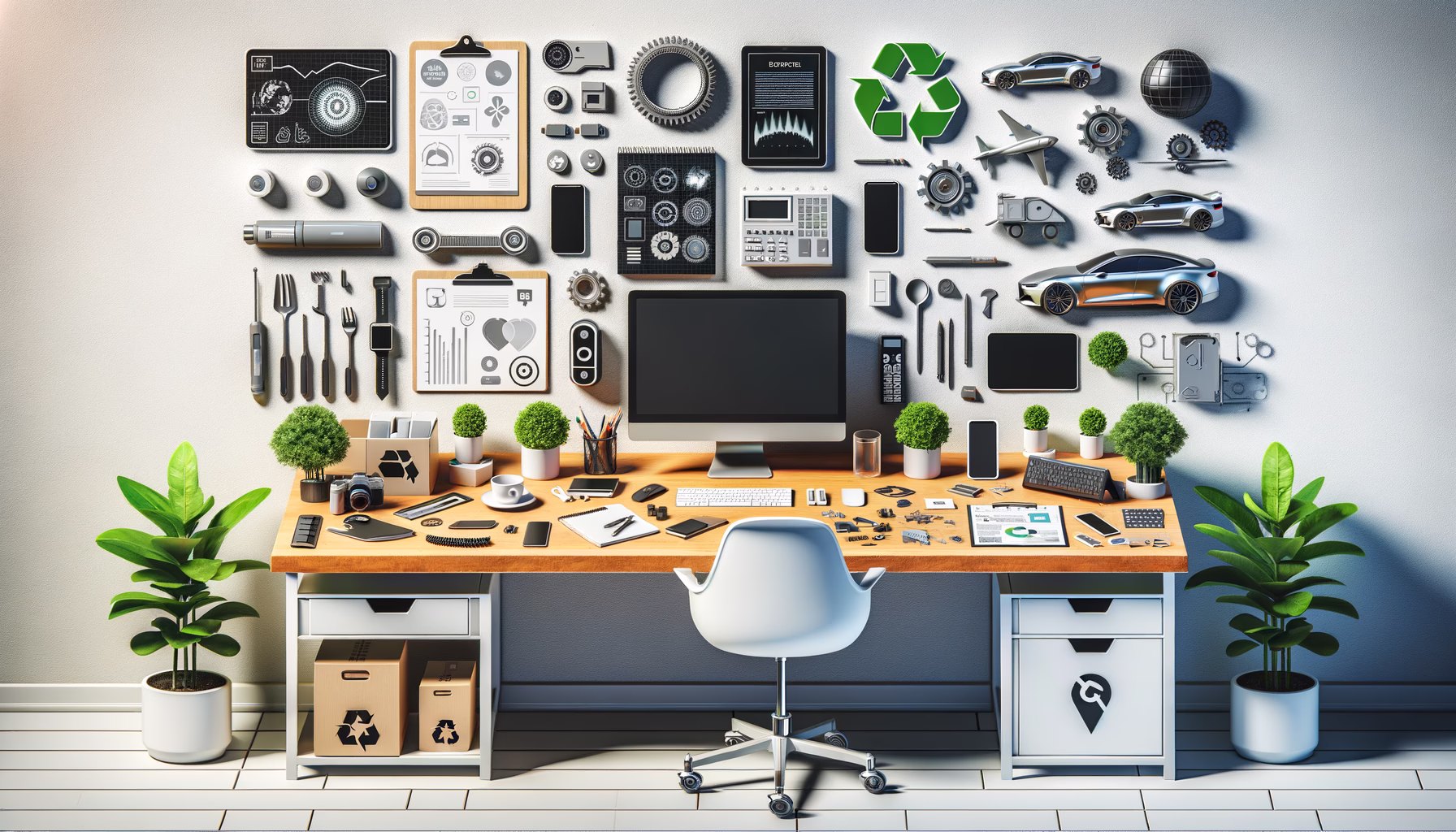 KDB Tech-Update 202503041604 Modernes Technik-Arbeitsumfeld: Computer, Monitor, Kamera, Smartphone, Tablet und Diagramm; um E-Mobilität, Recycling und Software-Tools zu veranschaulichen.
