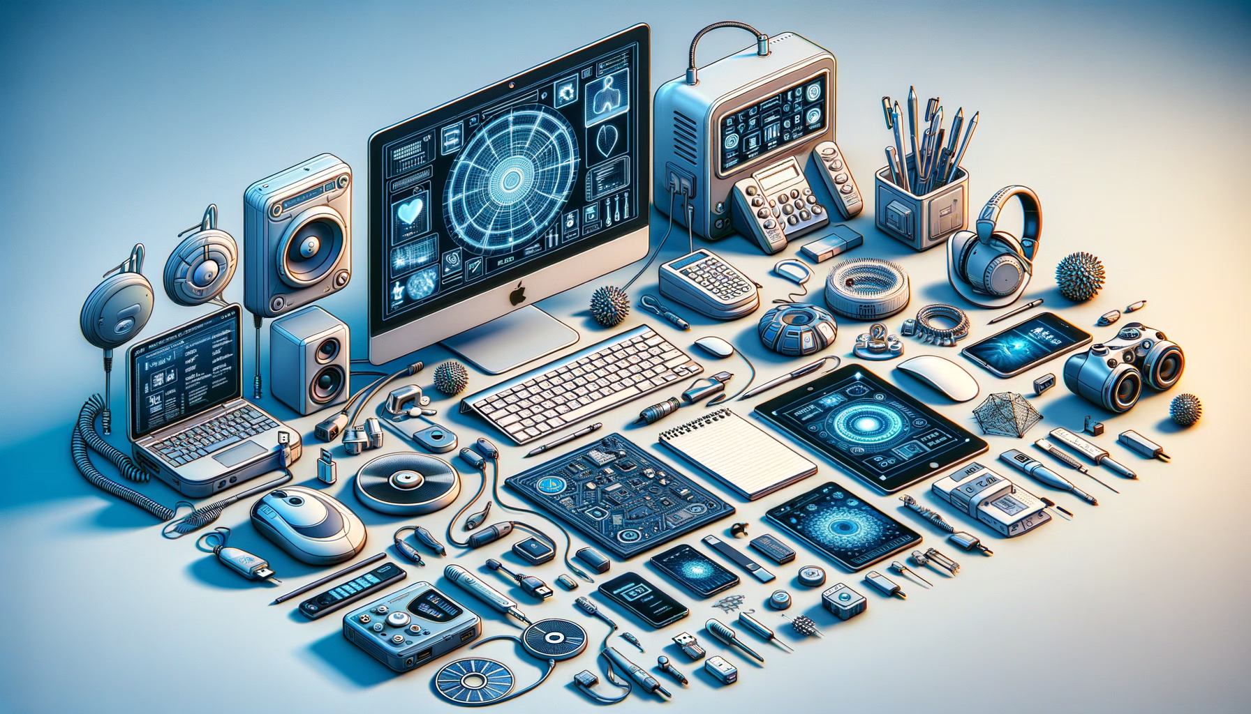 KDB Tech-Update 202503050606 Technik-Desktop mit Computerbildschirm, Smartphones und Tablets, Verkabelung, Speichermedien sowie Sicherungs- und Update-Symbolen.