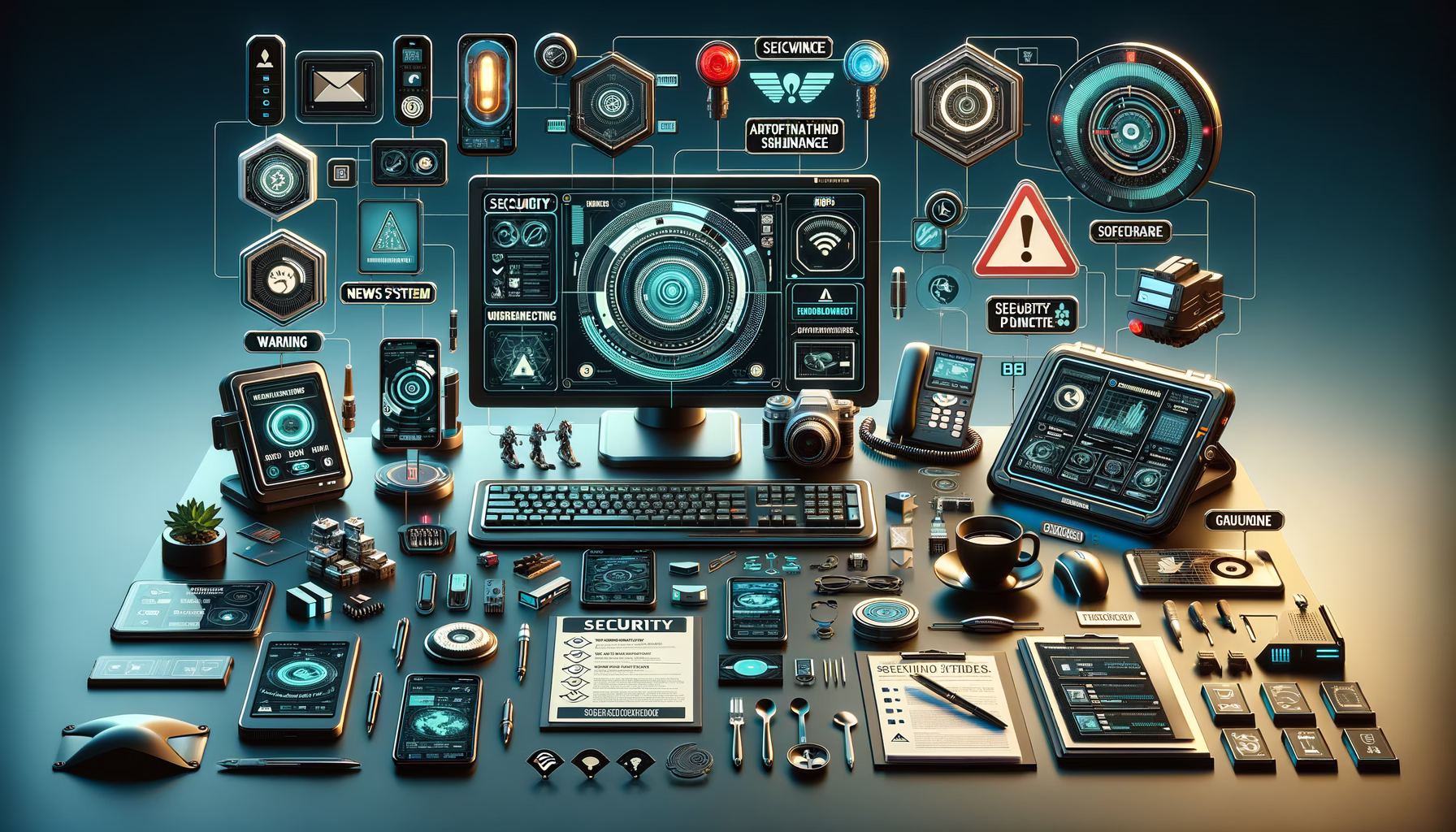 KDB Tech-Update 202503051604 Futuristisches Tech-Desk-Setup mit Monitor, Smartphone, Sicherheits- und Warnsymbolen, Checklisten und Kontaktformular – für Updates und IT-Schutz.