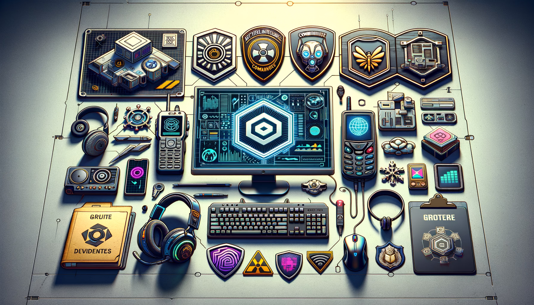 KDB Tech-Update 202503060602 Moderne Tech-Arbeitsfläche mit Monitor, Tastatur, Headset, Funkgerät, Maus und Sicherheits-Emblemen als Symbol für Kommunikation und Updates.