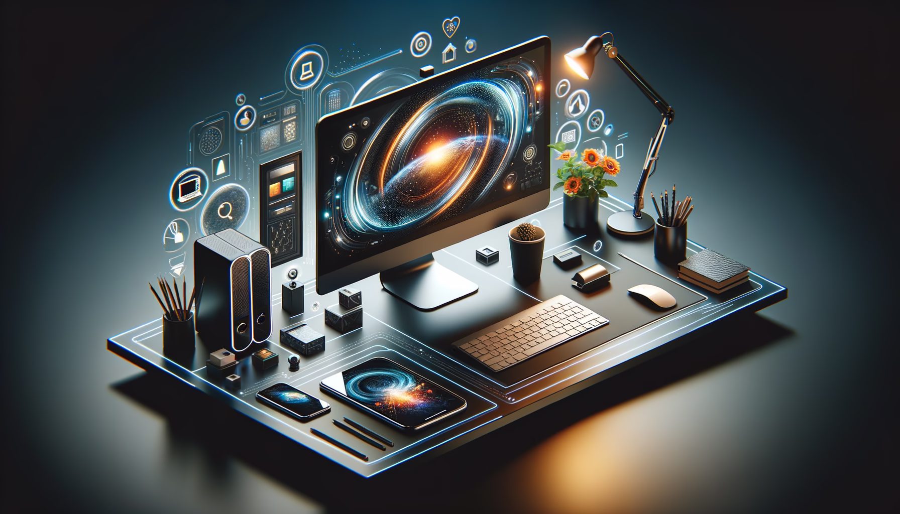 KDB Tech-Update 202503061605 Technischer Schreibtisch mit Monitor, Smartphone, Tastatur und Zubehör; grafische Symbole verdeutlichen nahtlose digitale Vernetzung im Alltag.