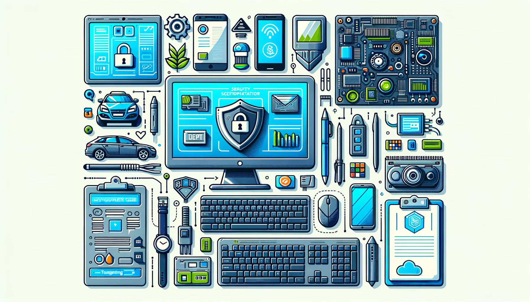 KDB Tech-Update 202503070603 Kompakte IT-Illustration mit Sicherheits- und Dokumenten-Symbolen sowie Geräten, zeigt Schutz, Entwicklung und digitale Beratung.