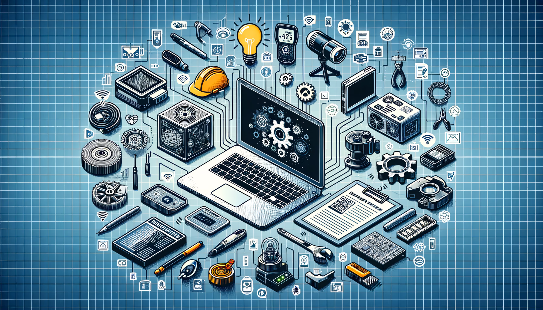 KDB Tech-Update 202503080605 Technik-Desktop mit Laptop, Monitor, Netzwerktechnik, IoT-Geräten, Dokumenten und Code-Symbolen; Visualisiert Datenverarbeitung, Entwicklung und Vernetzung.