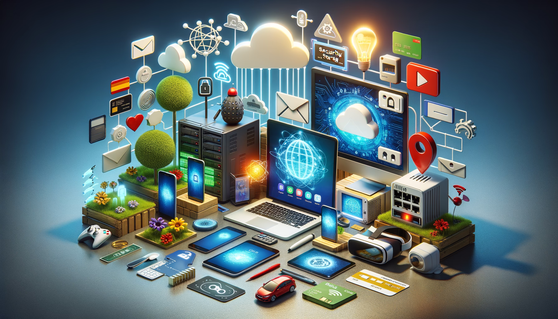 KDB Tech-Update 202503081605 Technologie- und Sicherheits-Dashboard auf Bildschirmen mit Netzwerkrouter und gesperrtem Cloud-Icon, Karten, Tablet und Smartphone im Desktop-Setup.