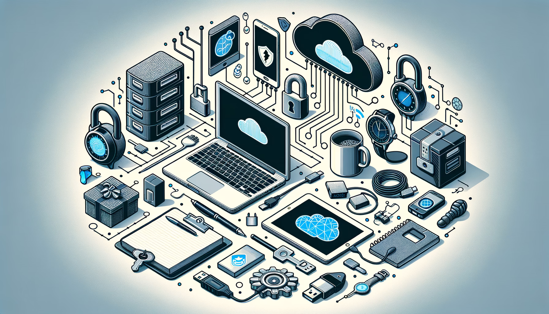 KDB Tech-Update 202503090601 Illustration eines Schreibtischs mit Laptop, Smartphone, Cloud-Symbolen, Daten-Schutz, verschlüsseltem Schloss, Netzwerk- und USB-Zubehör sowie Sicherheitsuhr.