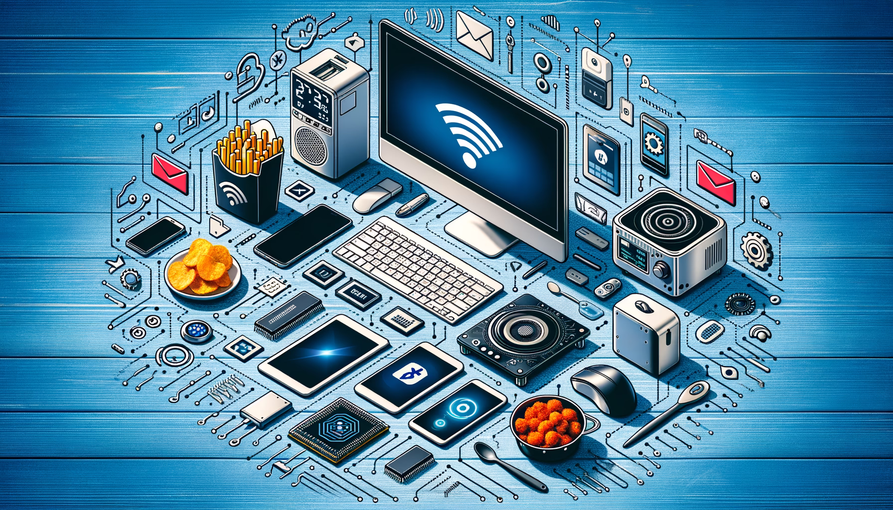 KDB Tech-Update 202503110603 Technik-Desk-Illustration mit Laptop, Smartphone, Bluetooth-Gerät, Update-Icon, Chips und Sicherheits-Symbolen für digitale Updates.