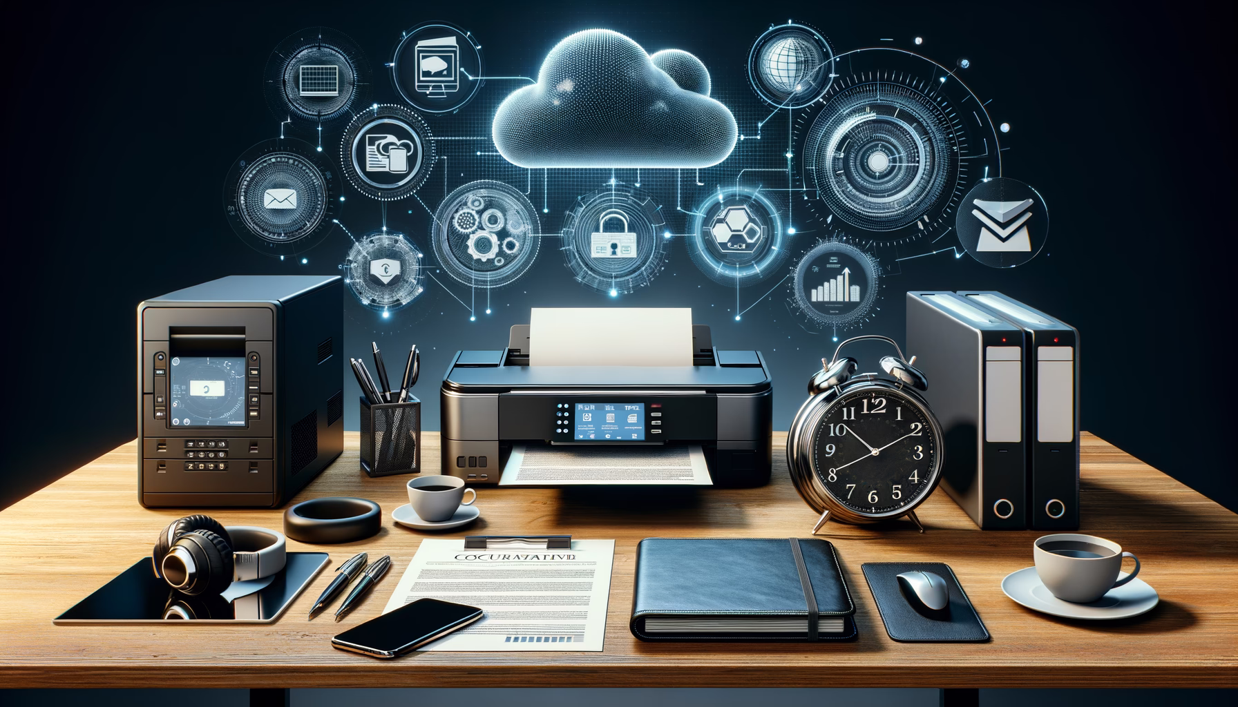 KDB Tech-Update 202503111604 Cloud-Icons über Büro-Setup mit Drucker, Server, Laptop und Ordnern; Dokumente, Uhr und Diagramme symbolisieren Planung, Qualitätssicherung und Datenzugriff.