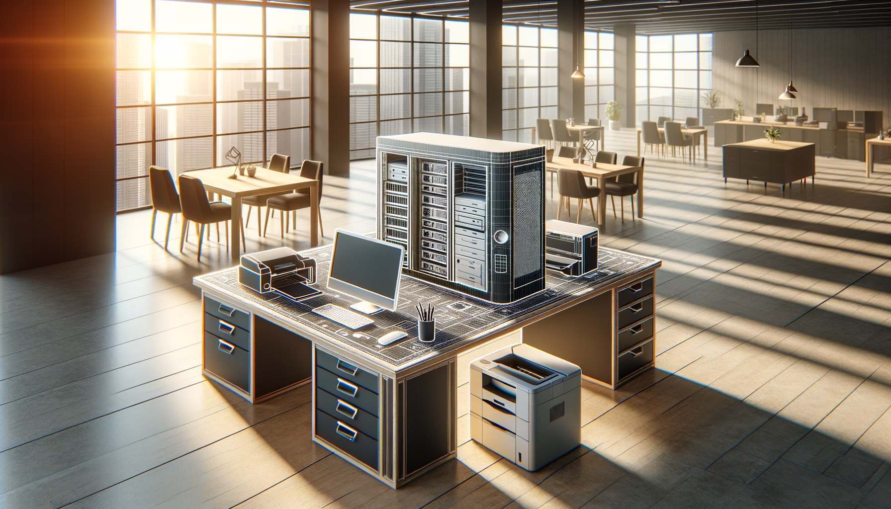 KDB Tech-Update 202503120603 Moderne Büro-Szene: Server- und Druckgeräte auf einem Workstation-Tisch, um IT- und Druckfunktionen zentral bereitzustellen; großes Fensterlicht.