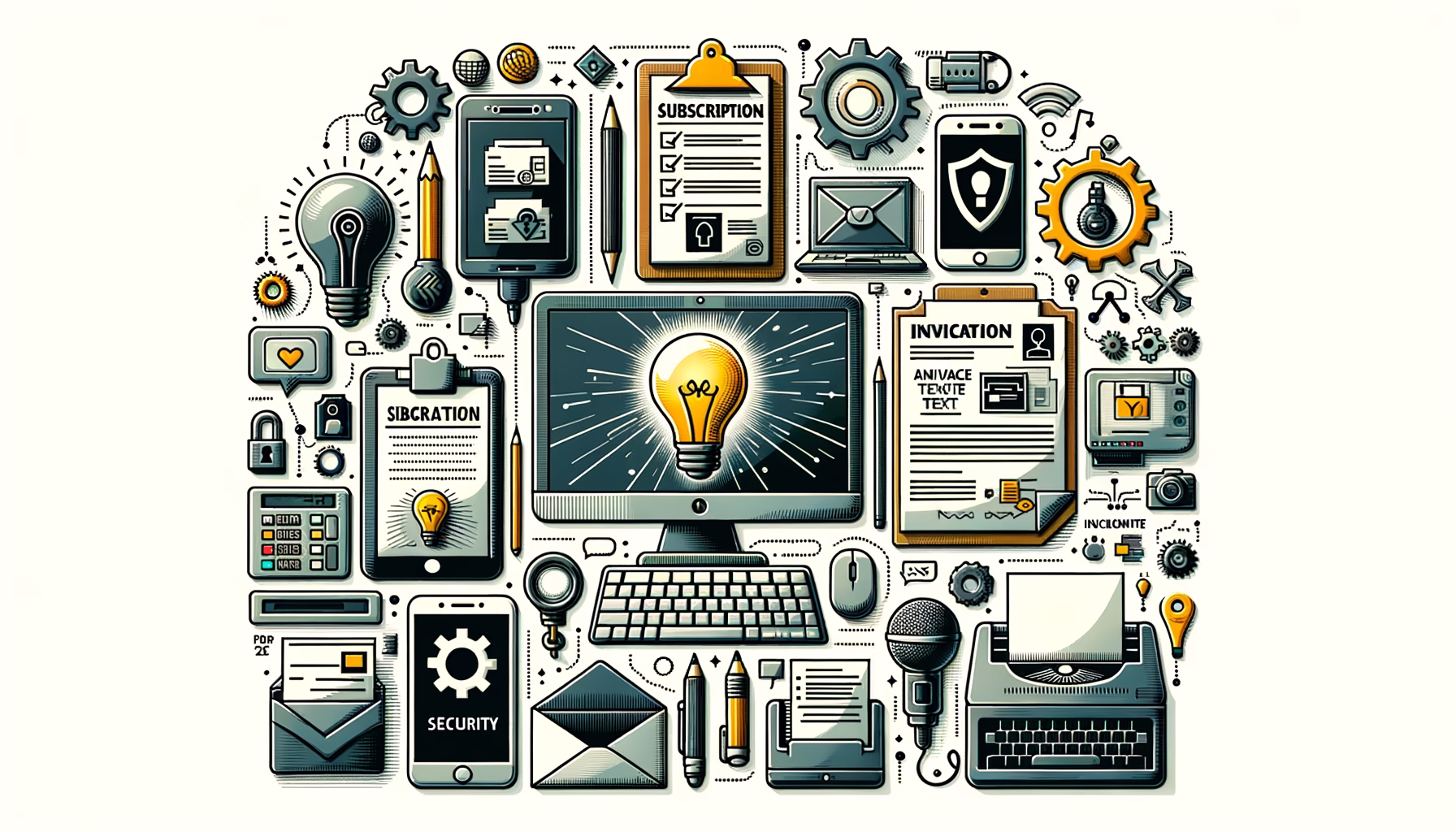 KDB Tech-Update 202503130601 Collage mit Computer, Smartphone, Abonnement-Karte, Update- und Sicherheitsymbolen, Brief, Dokumenten und Netzwerk-/Remote-Icons für Technik-Updates.