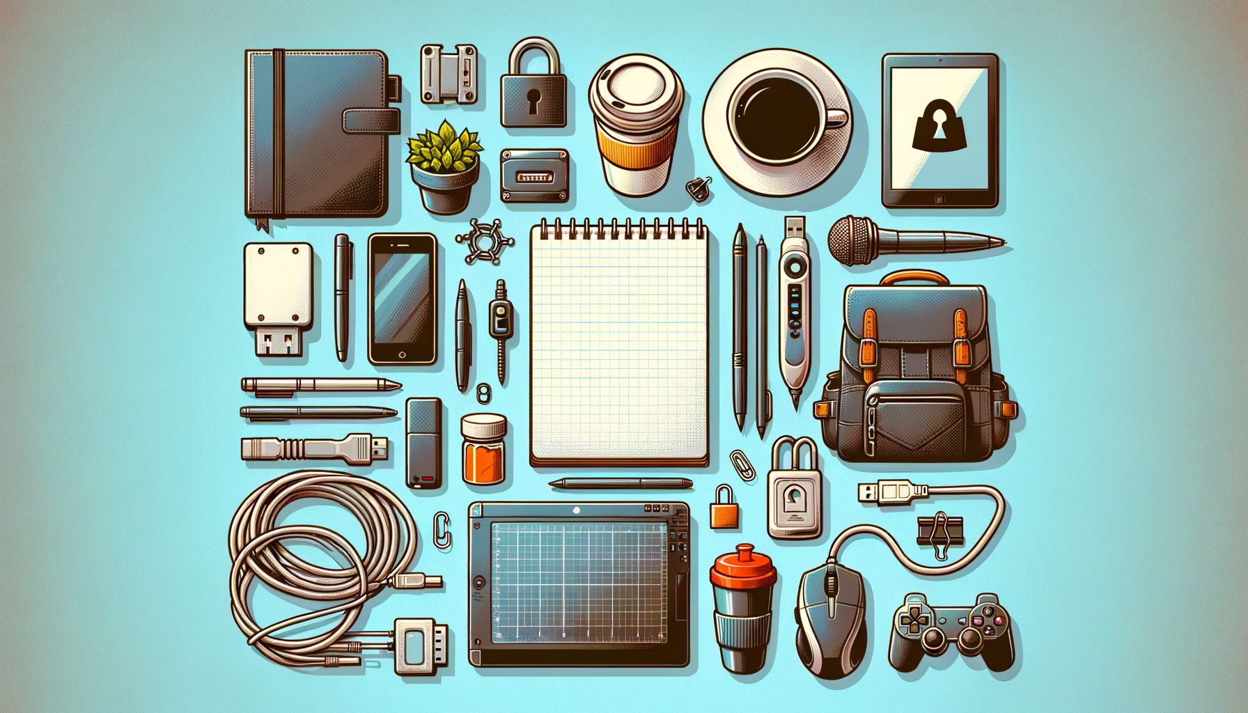 KDB Tech-Update 202503140602 Illustration mit Büro- und Technik-Tools: Laptop, Tablet, Grafiktablett, Mobiltelefon, Notizblock, Stifte, USB- und Sicherungsdatenträger, Routerkabel und Lock.