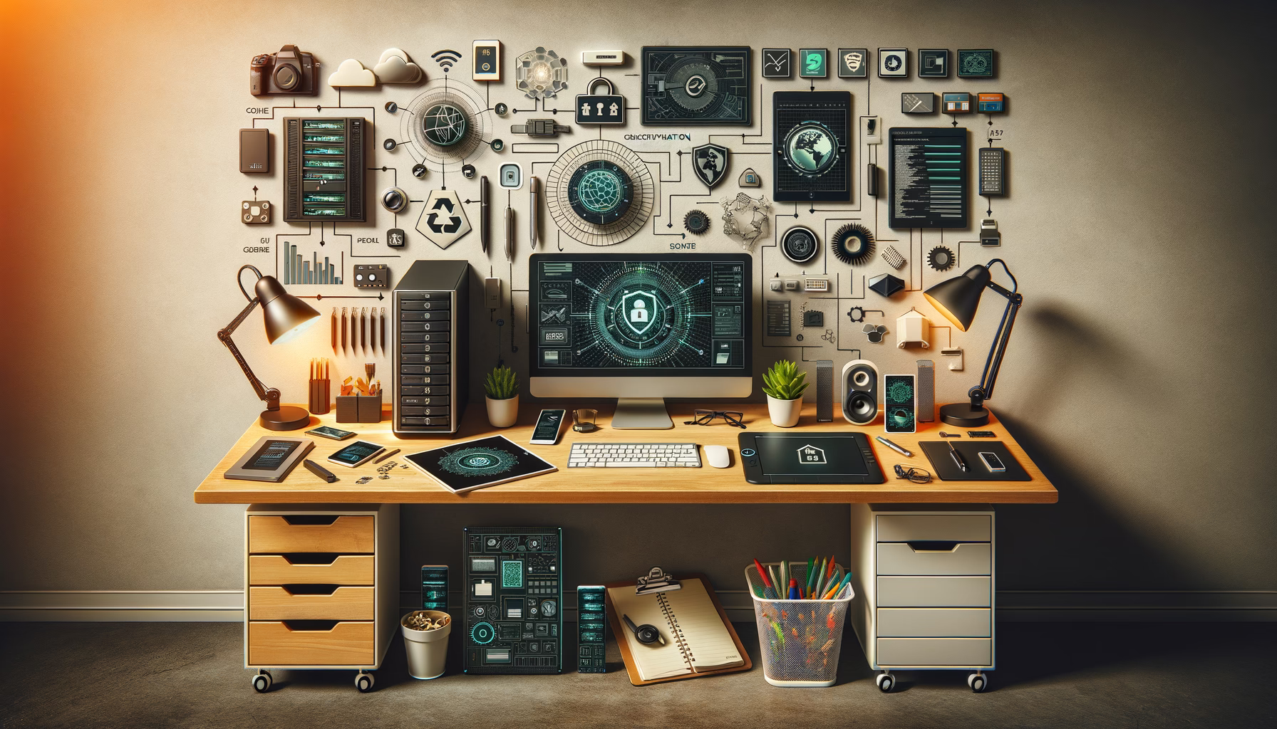 KDB Tech-Update 202503141601 Technik-Arbeitsplatz mit Computer, Tastatur und Datensymbolen; zentrale Firewall-/Sicherheitsanzeige und weitere Geräte für Entwicklung, Kommunikation und Umwelt-Setup.