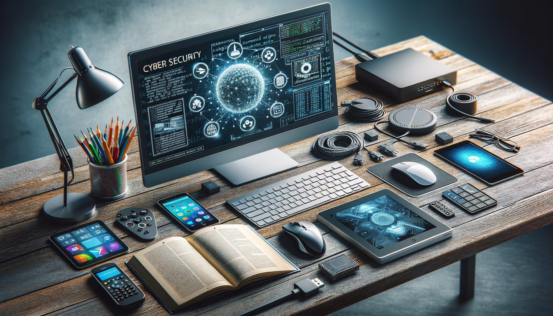 KDB Tech-Update 202503150606 Technik-Arbeitsplatz: Monitor mit Cyber-Security-Ansicht, Router- und Switch-Komponenten, Smartphones, Tablet und offene Fachunterlage zur Wissensvermittlung.
