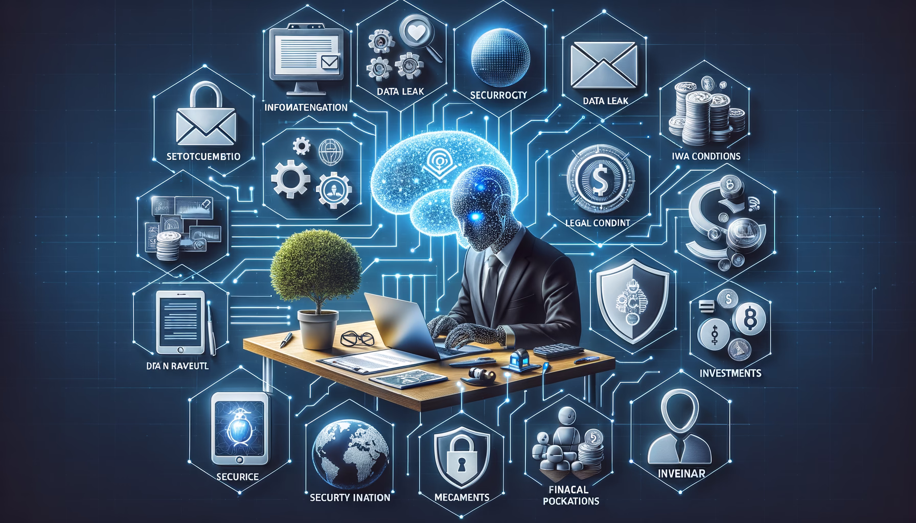 KDB Tech-Update 202503151605 Sicherheits- und Rechts-Symbole um einen Büro-Consultant mit Laptop; zentrale Visualisierung für Datenschutz, 2FA und Schutz vor Datenlecks.