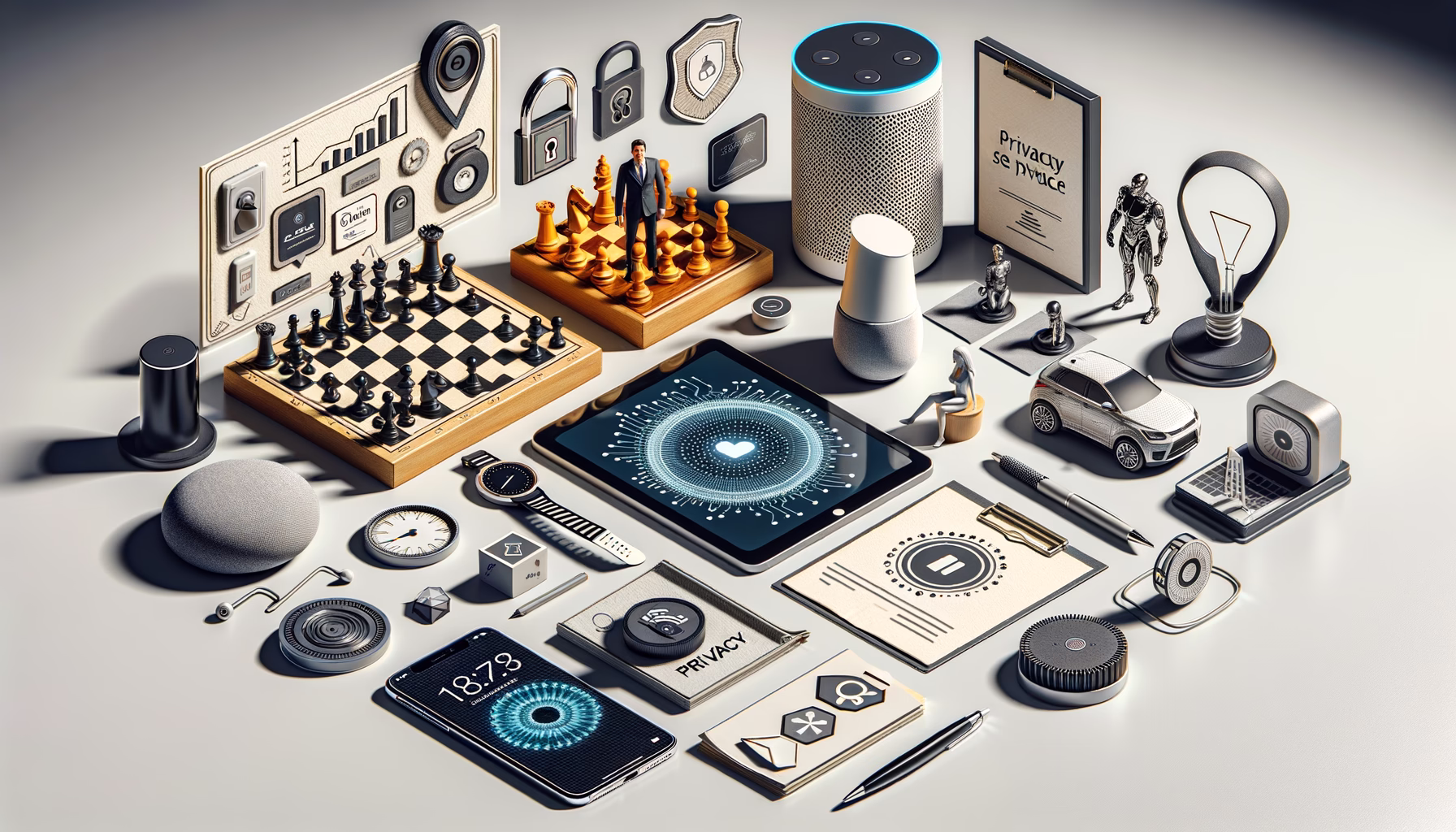 KDB Tech-Update 202503160605 Modernes Tech-Arbeitsdesk mit Smart- und KI-Geräten, Schach, Sicherheitsschloss, Datenschutz-Siegeln sowie E‑Auto-Modell und Dokumenten.