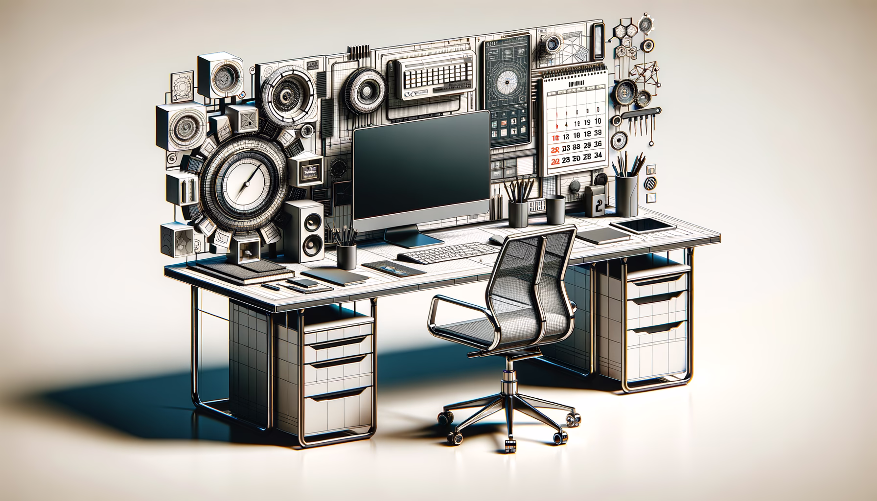 KDB Tech-Update 202503161606 Modernes Büro-Setup: Computer, Tastatur und Kalender auf Schreibtisch, umgeben von technischen Elementen und Stauraum für effizientere Arbeit.