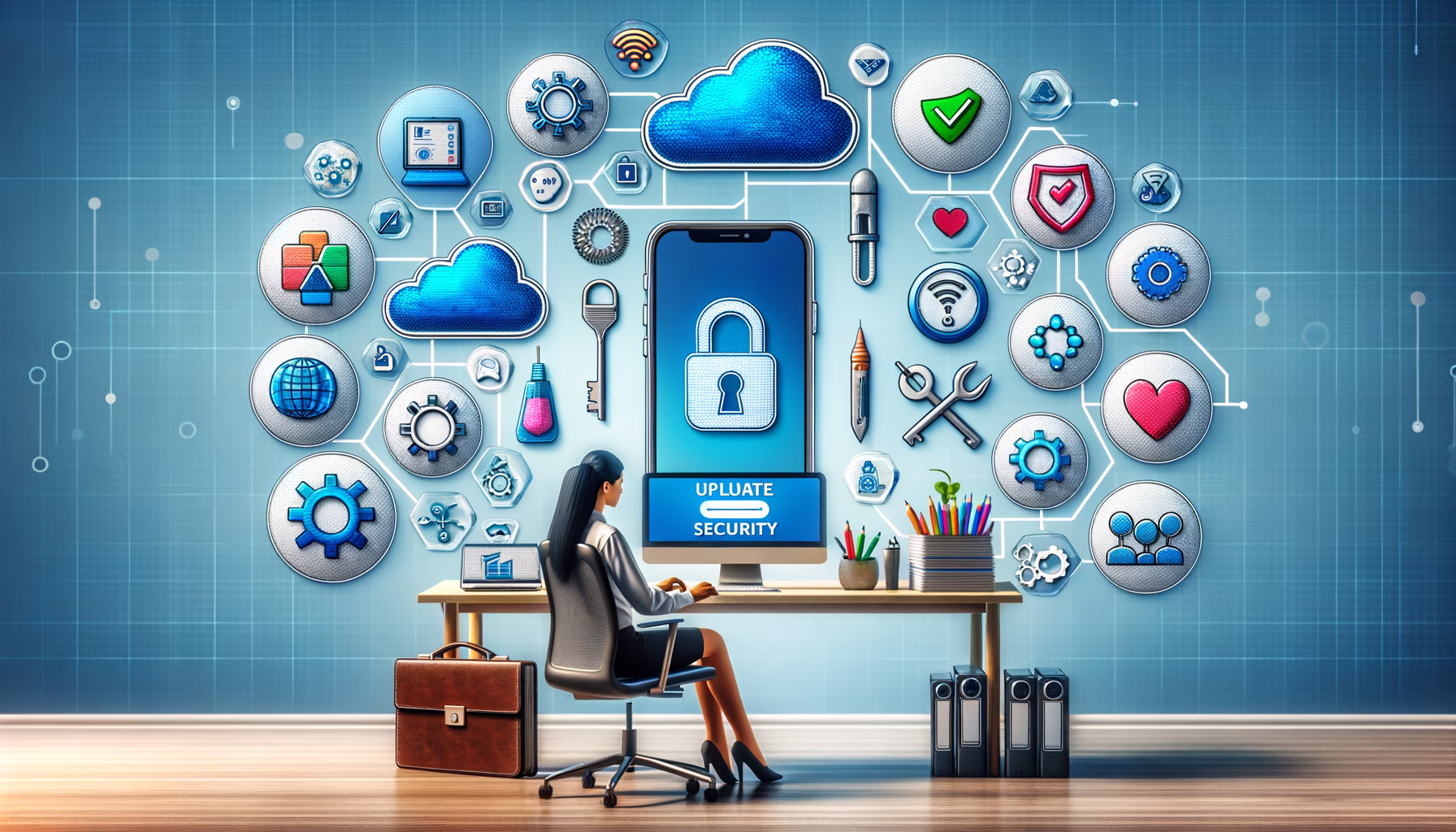 KDB Tech-Update 202503190604 Frau am Schreibtisch mit gesperrtem Smartphone und Sicherheits- sowie Cloud- und Update-Symbolen, zur Darstellung von IT-Schutz und Aktualisierung.