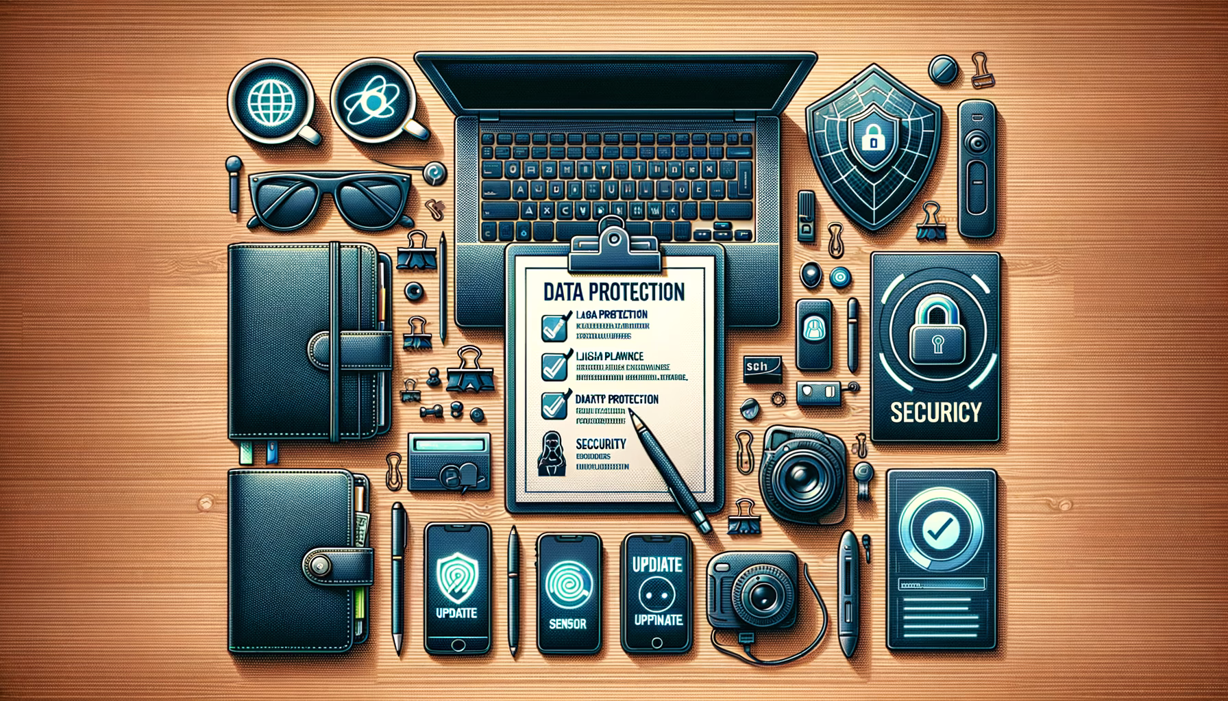 KDB Tech-Update 202503201602 Schreibtisch-Übersicht mit Laptop, Datenschutzdokument, Smartphone/Tablet, Warnsymbolen, Sicherheits-Icon, Kamera und Update-Elementen zur IT-Security.