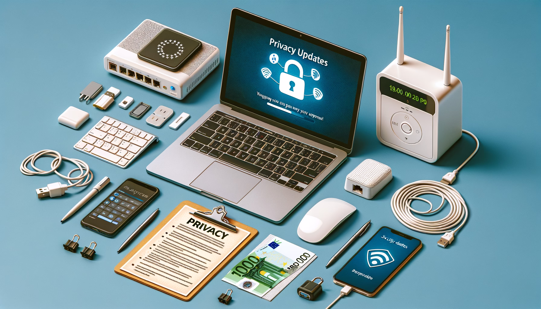 KDB Tech-Update 202503210605 Arbeitsplatz mit Laptop, Router, Smartphone, Netzwerkkabeln, Datenschutzdokumenten und Ladegeräten; am Bildschirm „Privacy Updates“ und ein Sicherheitsschloss.
