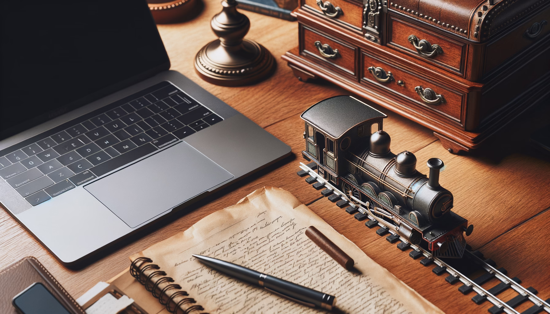 KDB Tech-Update 202503220602 Auf einem Holztisch liegt ein modernes Laptop neben einer nostalgischen Modell-Eisenbahn, dazu Notizen und Stifte – für digitales Arbeiten und Retro-Idee.