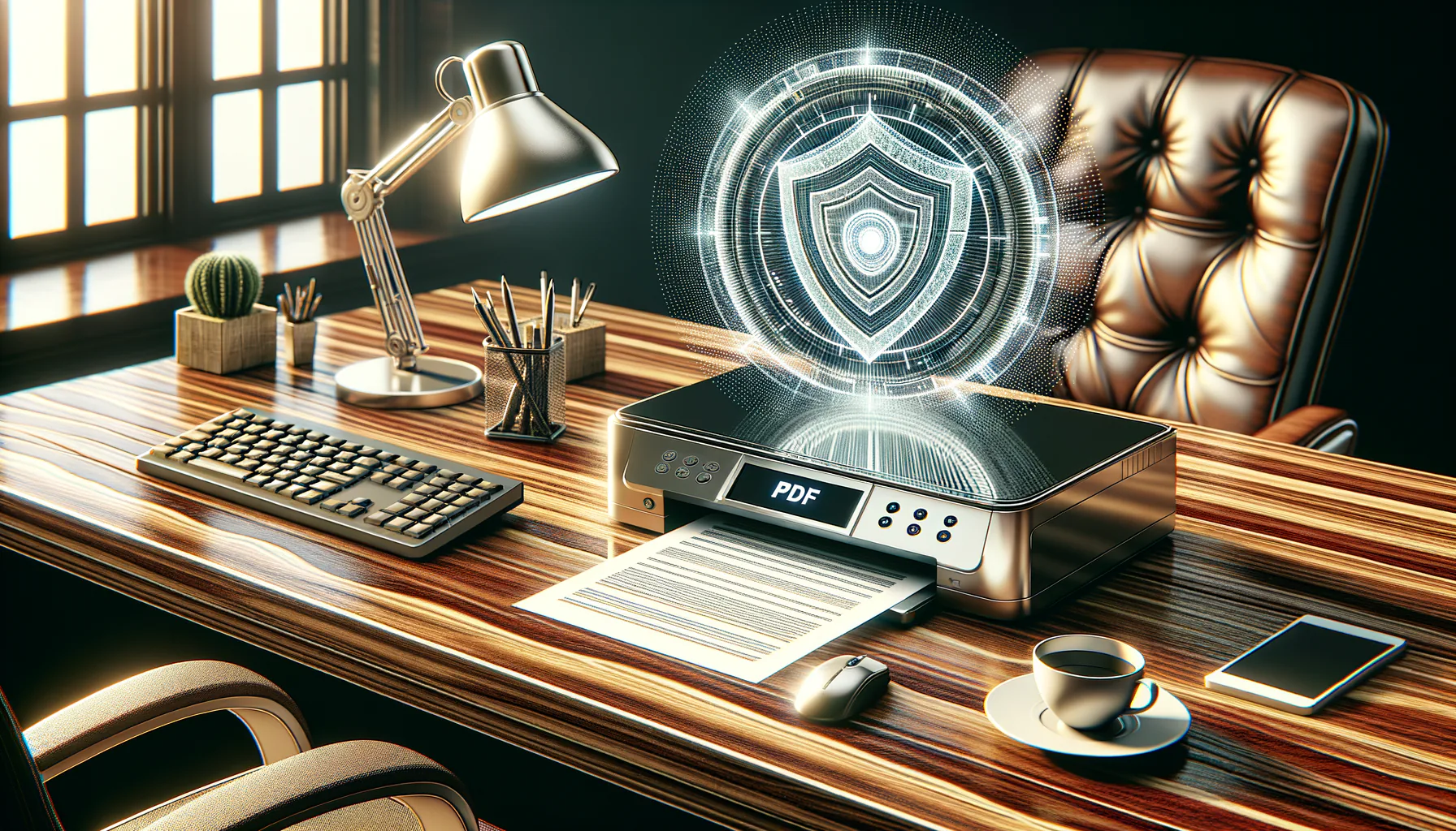 KDB Tech-Update 202503221601 Holzschreibtisch mit PDF-Drucker, Tastatur und ausgedruckten Seiten; digitale Schutz-Ikone über dem Drucker symbolisiert Antivirus-Absicherung.