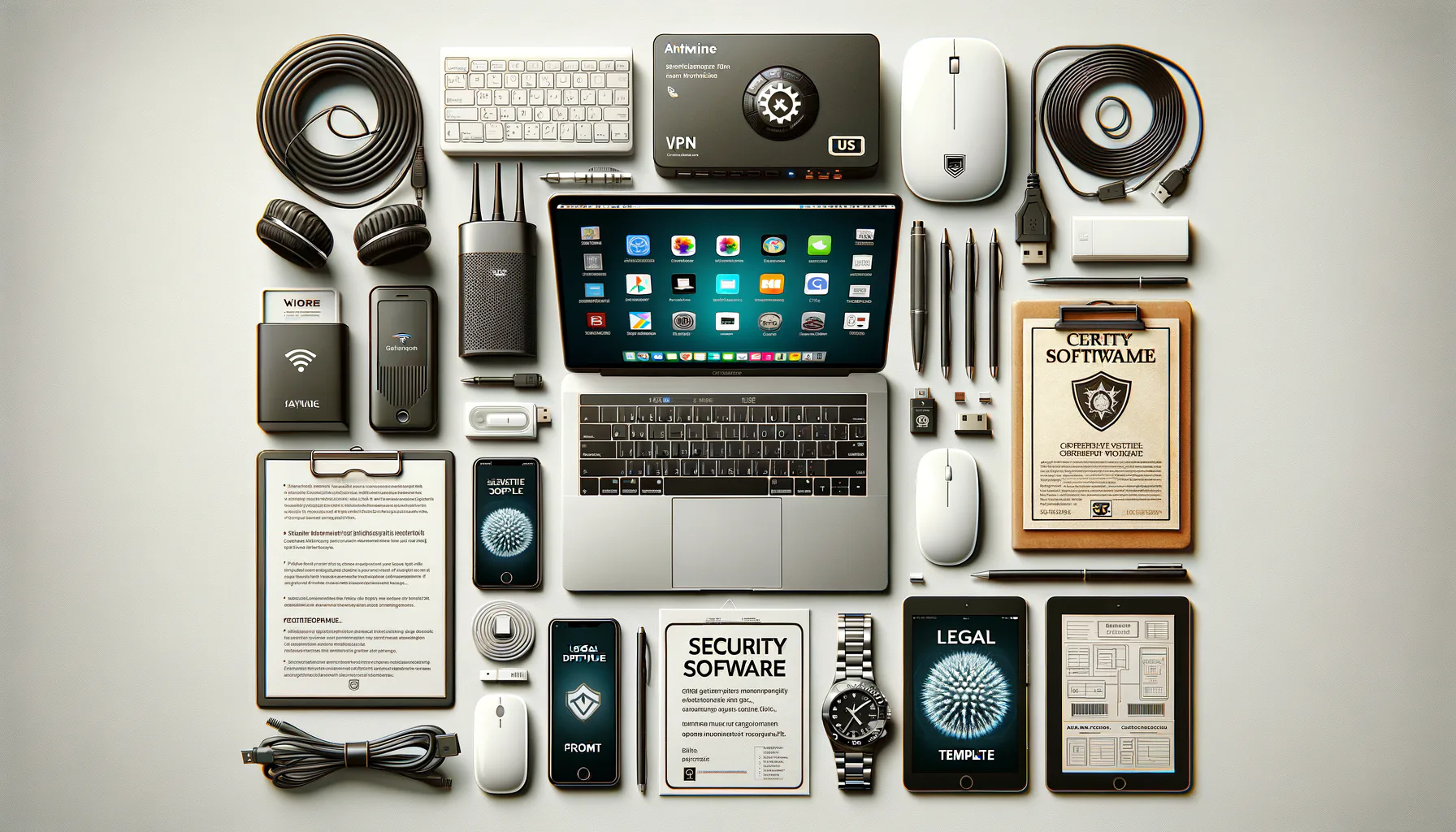 KDB Tech-Update 202503230603 Flachliegendes Tech-Desk-Set: Laptop mit Sicherheitsanzeige, VPN-Router, Dokumente, Zubehör wie Handy/Ladegerät, Stifte und USB-Stick für Weiterbildung.