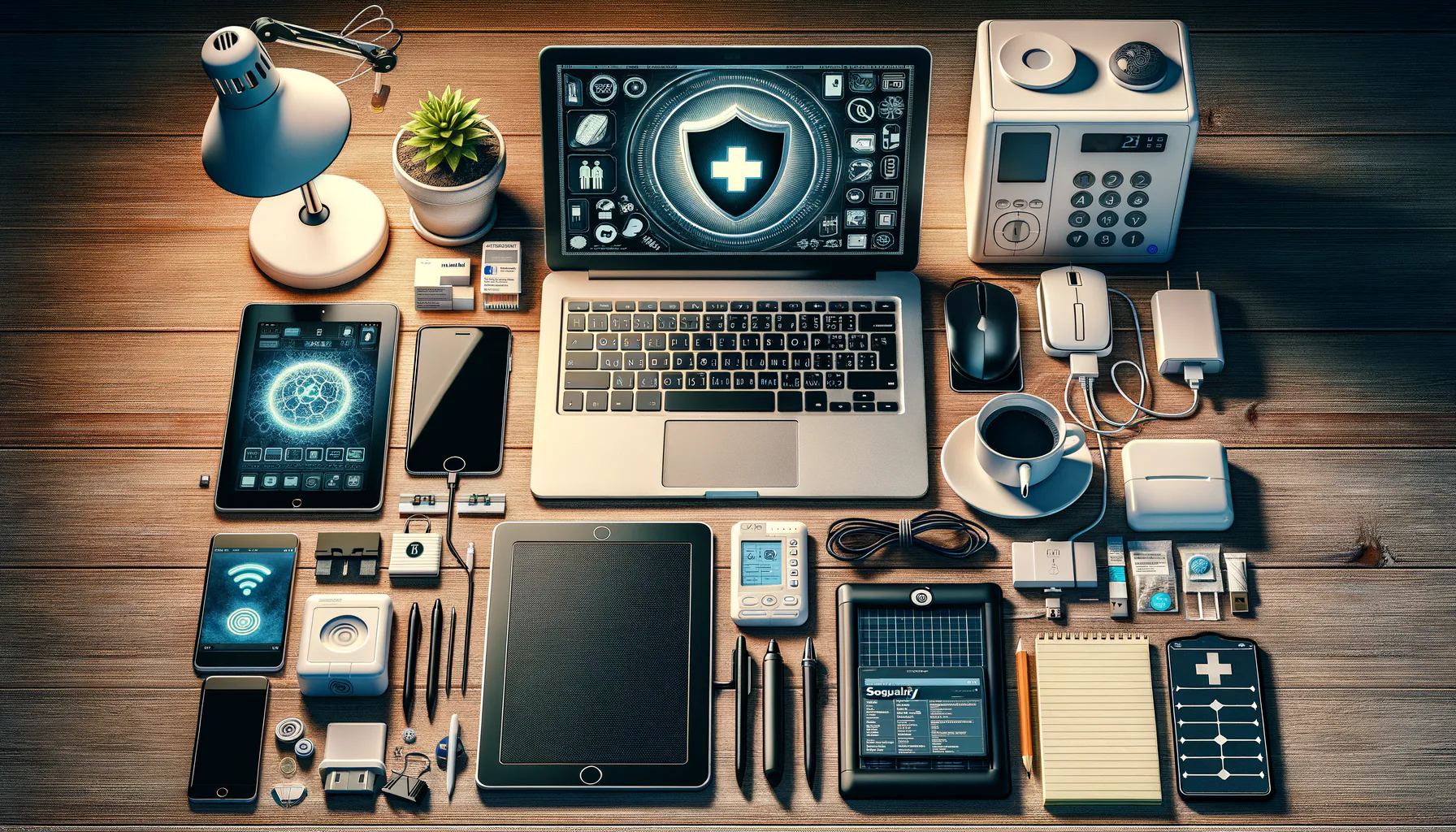 KDB Tech-Update 202503231605 Übersichtliches Setup auf einem Schreibtisch: Laptop mit Sicherheitsanzeige, Tablet und Smartphone, Kabel, Netzgeräte und Notizblock für IT- und Gesundheitsmanagement.