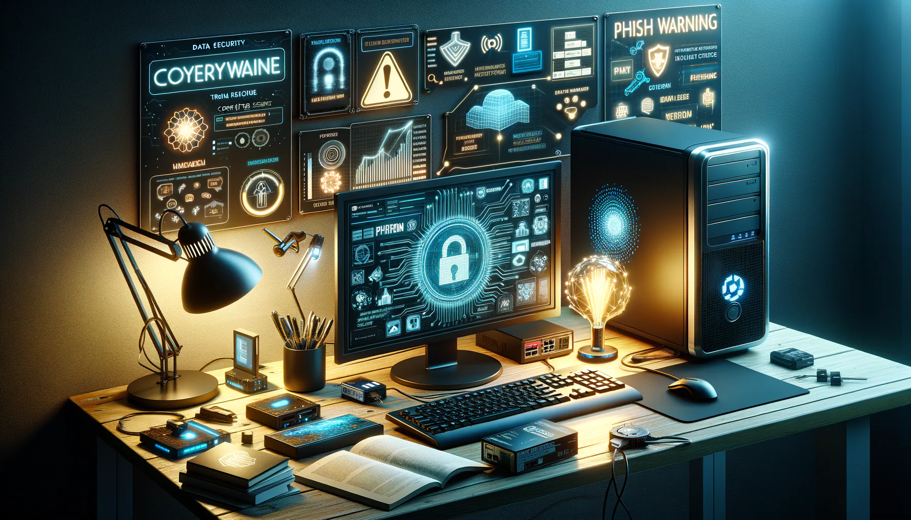 KDB Tech-Update 202503240602 Technik-Arbeitsplatz mit Monitoren, Server-Optik und „Phish Warning“-Hinweis; Datenanalyse und Virenschutz-Symbole verdeutlichen IT-Sicherheits-Training.