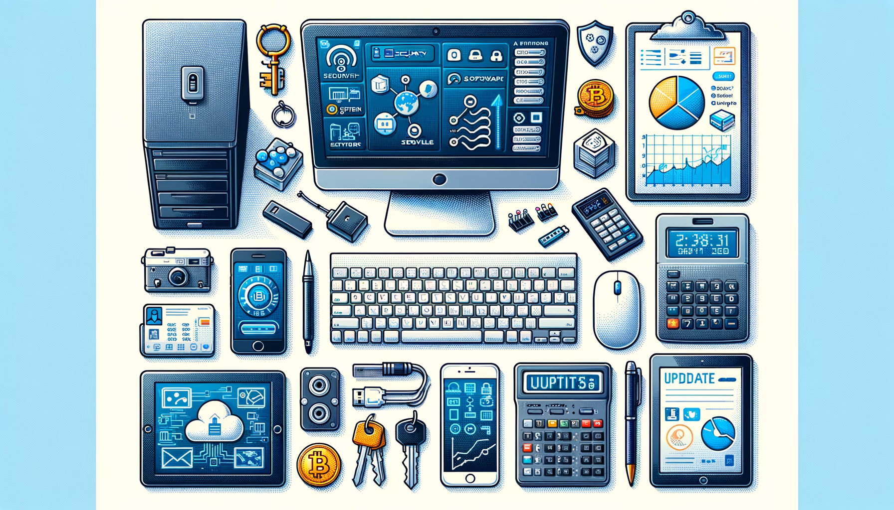 KDB Tech-Update 202503281605 Illustration zeigt Computer, Smartphone und Tablet mit Sicherheits- und Cloudsymbolen, Update- und Finanzgrafik sowie Schlüsselanhänger und Bitcoin-Elemente.