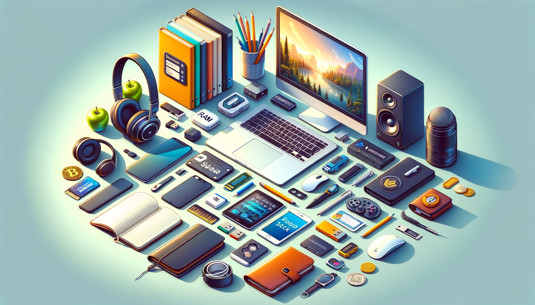 KDB Tech-Update 202503290602 Gut ausgeleuchteter, übersichtlicher Schreibtisch mit Laptop und Zubehör; Technik, Notizen und Speichermedien für digitale Arbeit und Organisation.