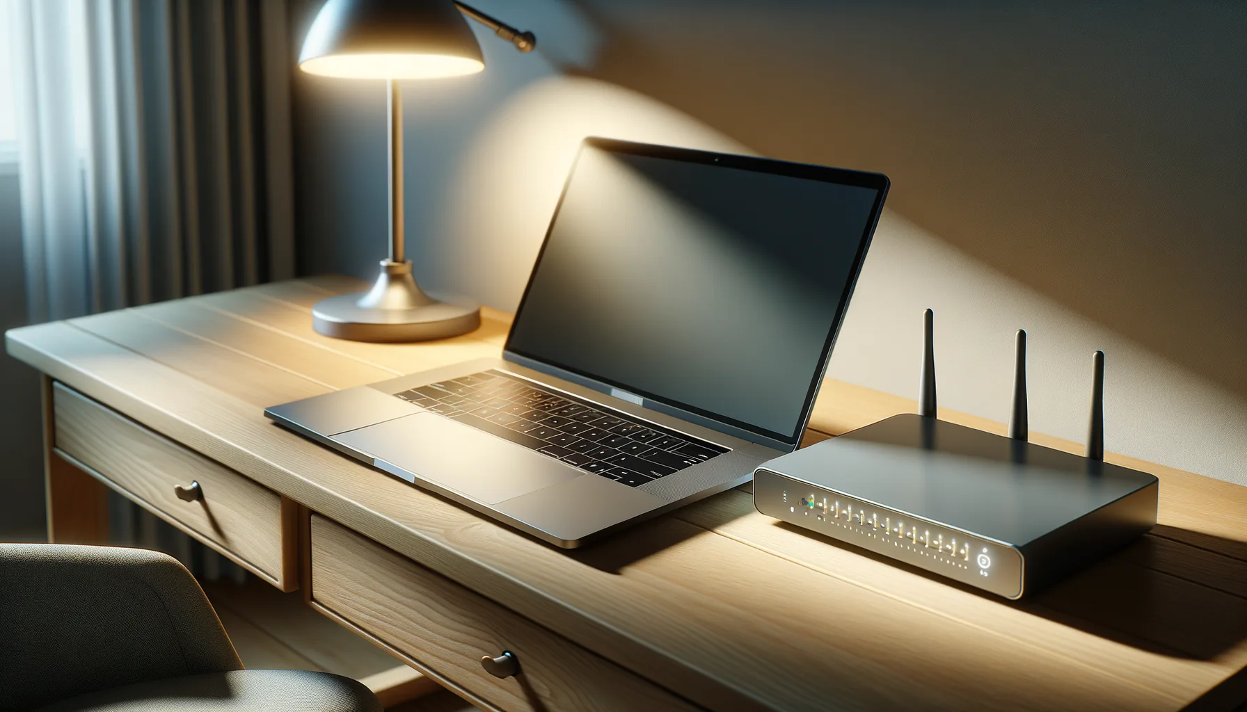 KDB Tech-Update 202503291603 Helles Holz-Arbeitsplatz-Setup mit geöffnetem Laptop und WLAN-Router mit blinkenden LEDs; zeigt vernetzte digitale Arbeitsumgebung.