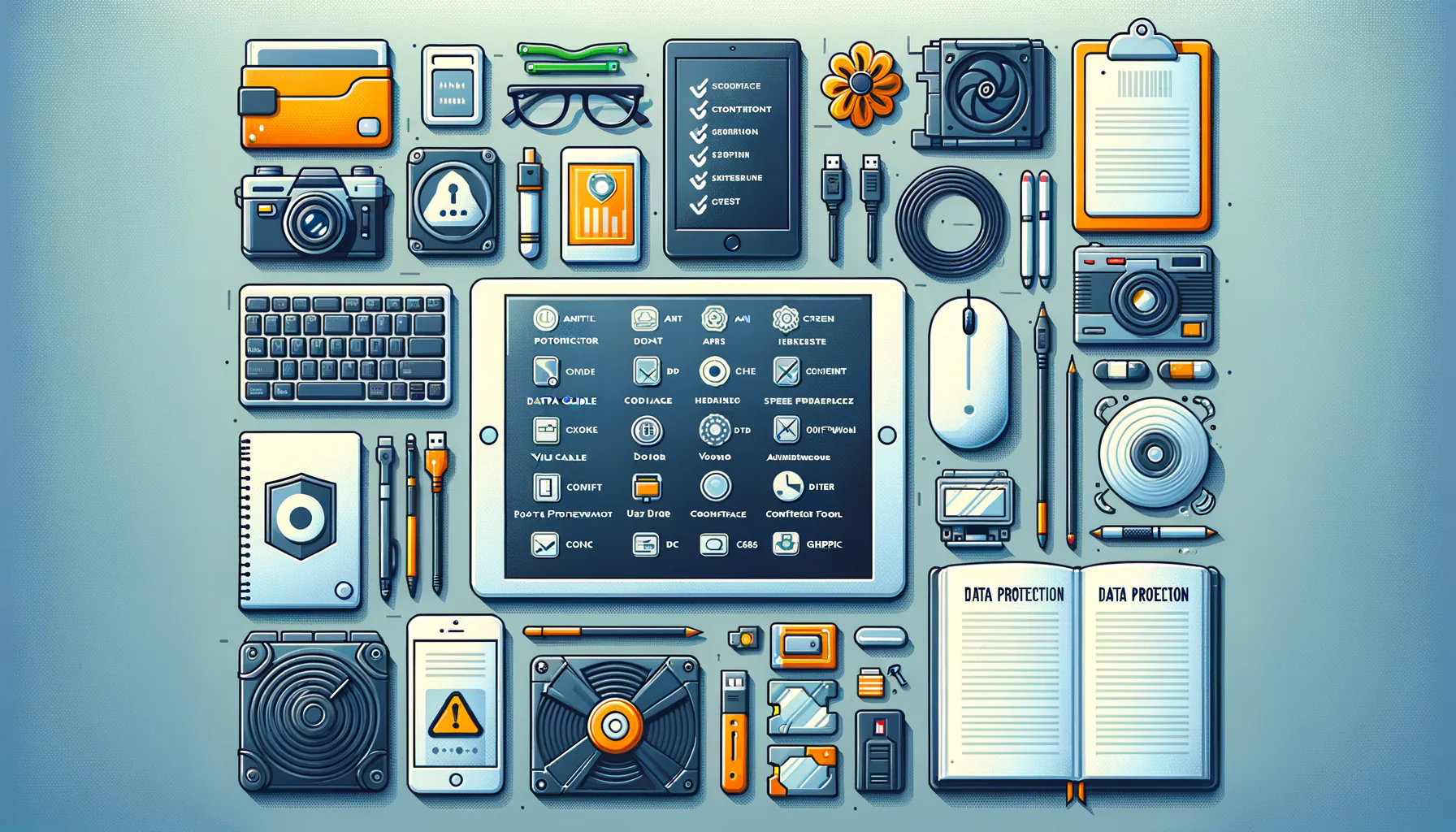 KDB Tech-Update 202503311504 Illustration eines Schreibtischs mit Tablet, Kabeln, Datenträgern, Festplatten, Computerteilen und Schutz-/Sicherheits-Symbolen zur Datenvermeidung.
