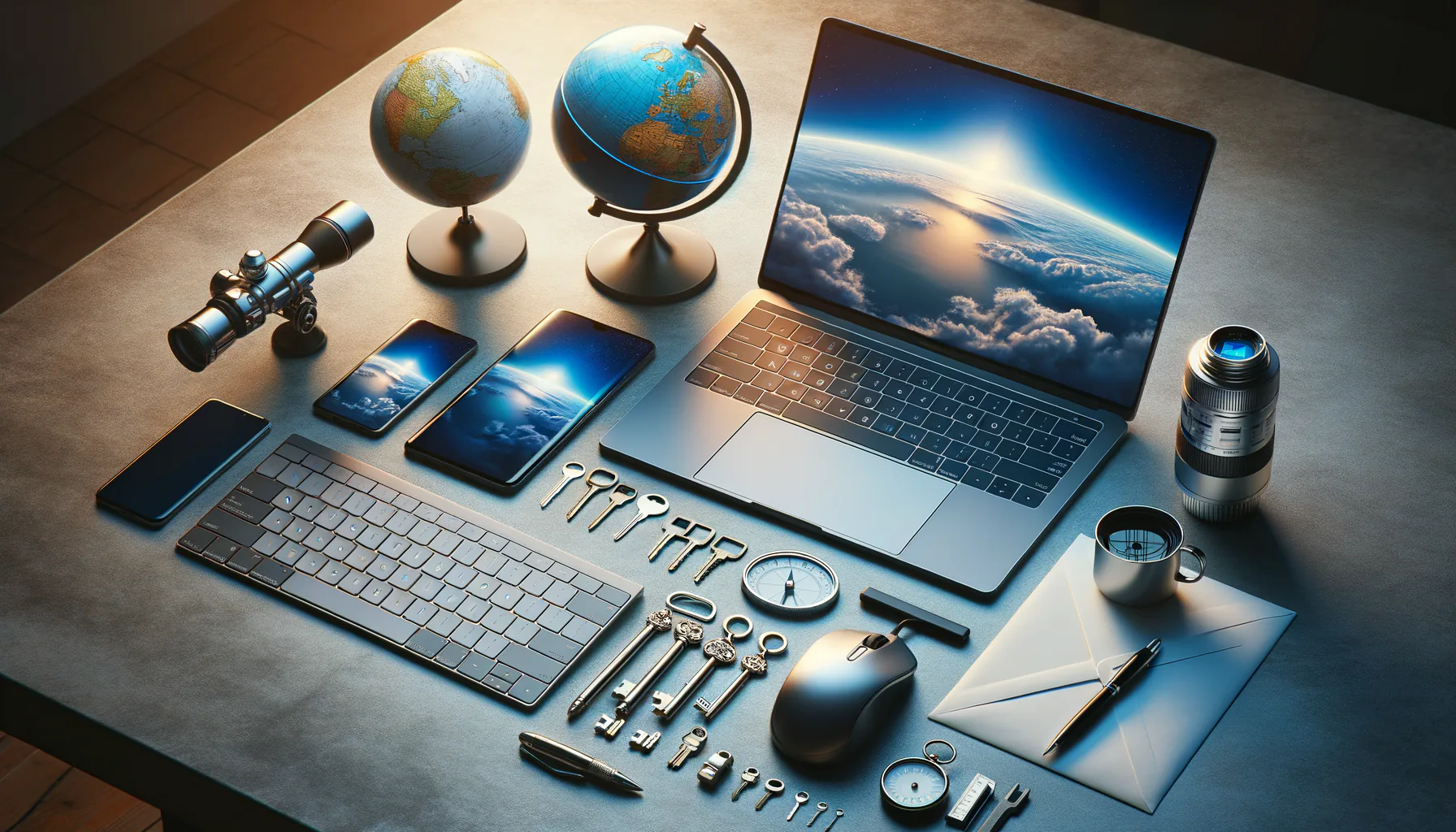 KDB Tech-Update 202504020502 Gut arrangierter Schreibtisch mit Laptop, Smartphones, Globus, Taschen-Teleskop, Kameraobjektiv, Werkzeugen und Briefumschlag für Technik- und Astronomie-Themen.