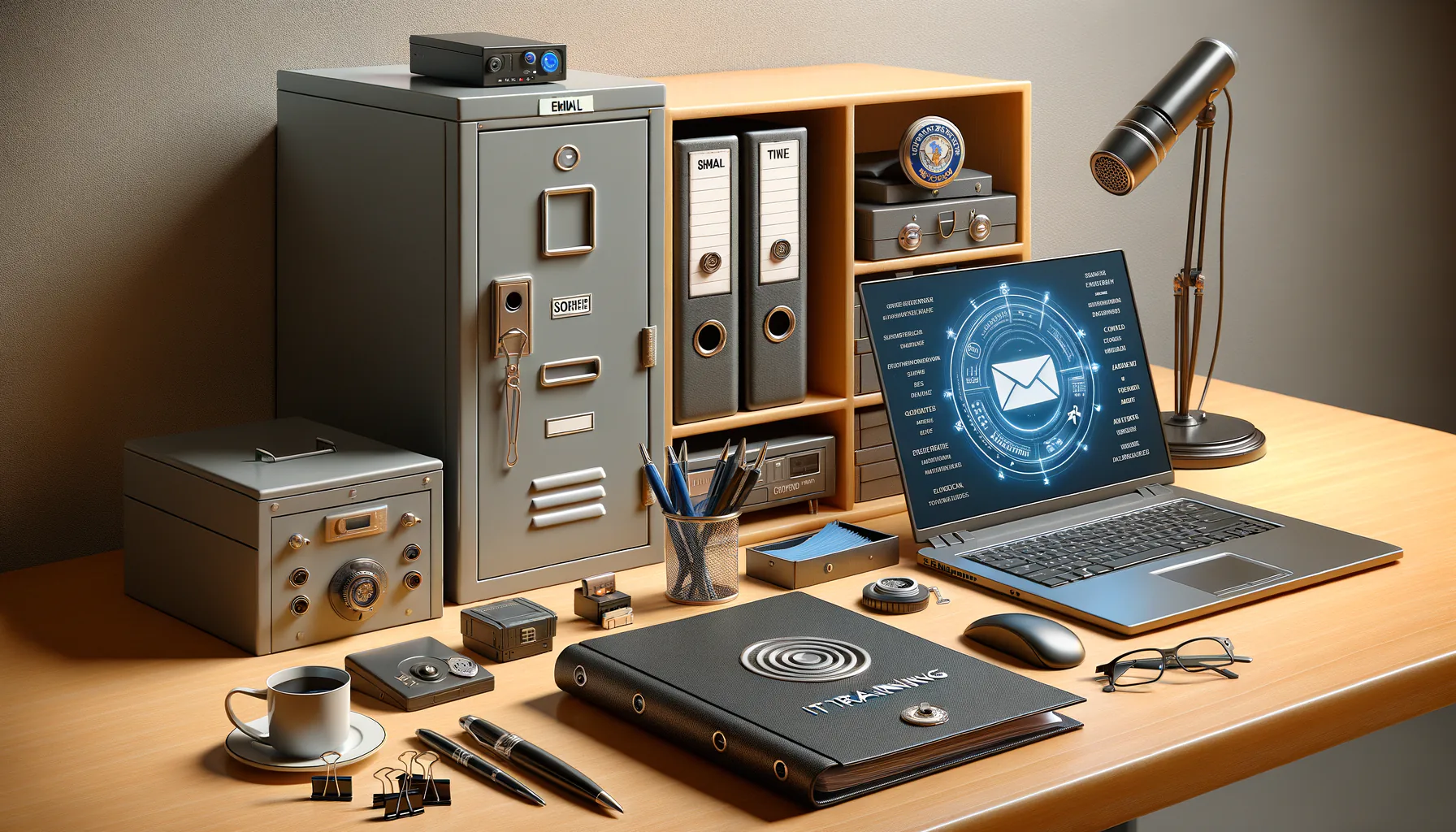 KDB Tech-Update 202504021506 Arbeitsplatz: Laptop mit E-Mail-Ansicht, IT-Ordner und Dokumentstapel, Sicherheitsgerät an Kamera/Firewall, Mikrofon und Aufbewahrungsschrank.