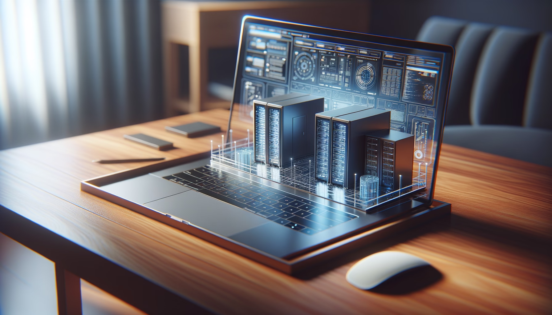 KDB Tech-Update 202504040504 Offenes Laptopdisplay mit Datenbank-Interface, darauf ein transparentes Rechenzentrums-Modell; wirkt wie Technik-Überblick auf einem Holzschreibtisch.