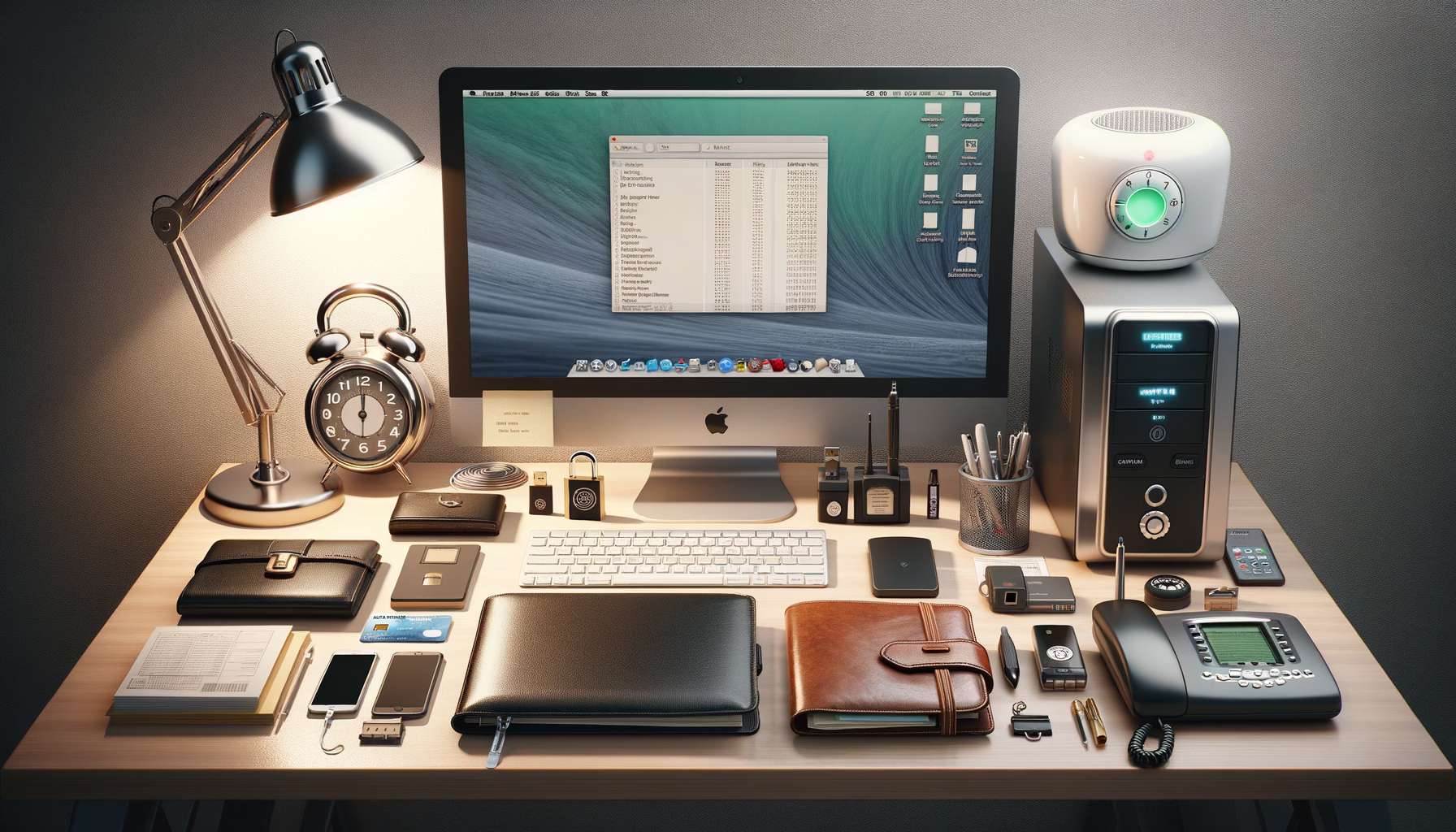 KDB Tech-Update 202504041501 Arbeitsplatz mit Computer, Sicherheitsvorhängeschloss, Notizbuch, Dokumentenordner, Router und Alarmgerät mit grünem Licht sowie Lampenbeleuchtung.