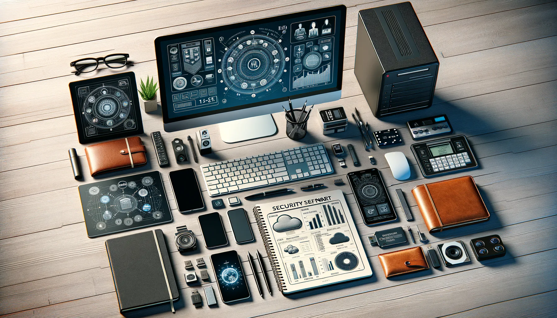 KDB Tech-Update 202504050501 Ordentlich arrangierter Schreibtisch mit Computerbildschirm, Smartphones, Netzwerkgerät, Dokument und Notizbuch; symbolisiert Büroarbeit, Sicherheit und IT-Steuerung.